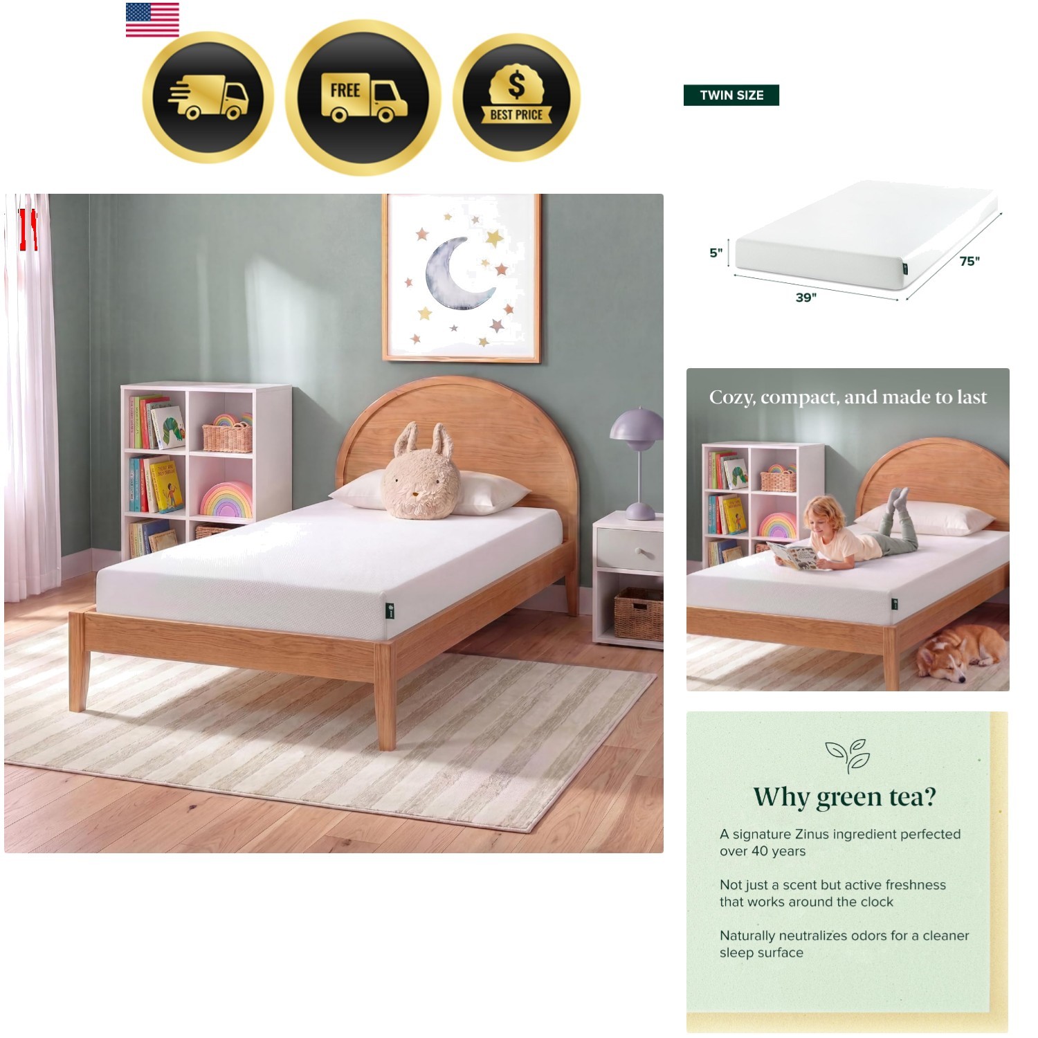 5 Inch Twin Green Tea Memory Foam Mattress [New Version], Fiberglass Free, Me…