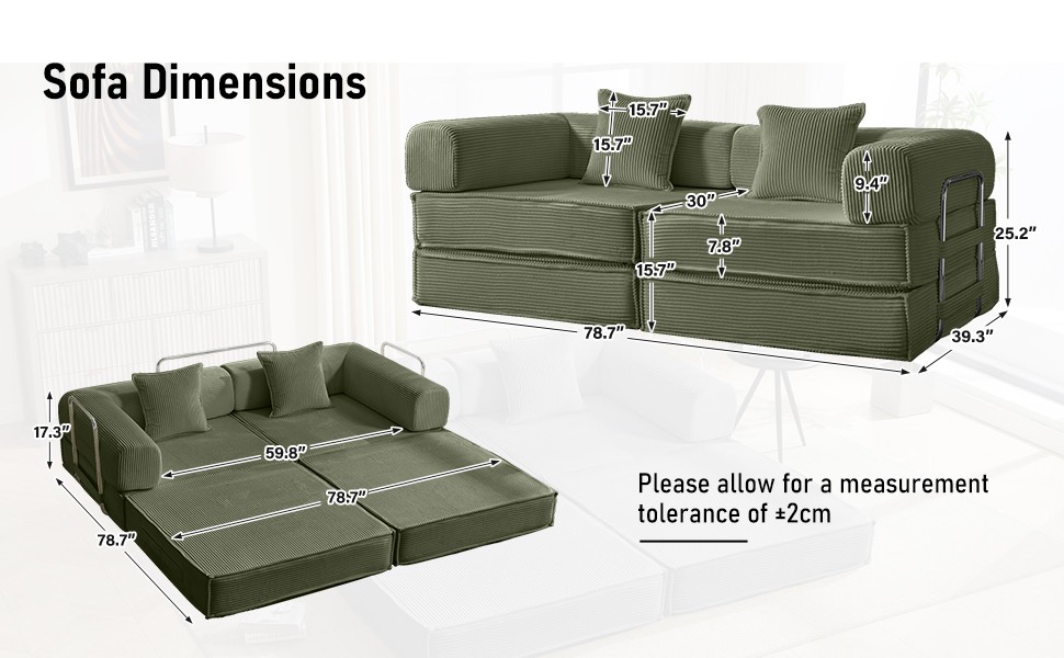 78″ Convertible Sleeper Sofa Bed, Modular Corduroy Couch with 2 Pillows,