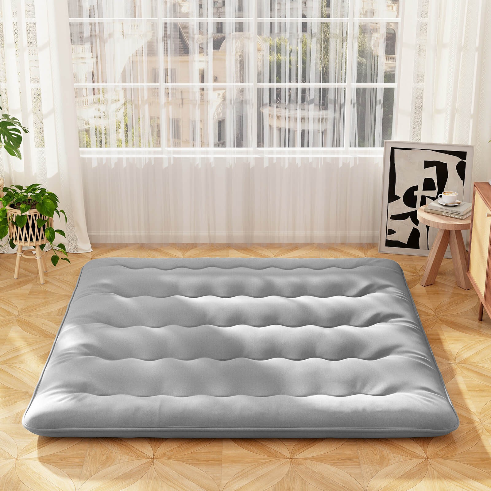King Futon Mattress Japanese Floor Pad Washable Cover Carry Bag Gray