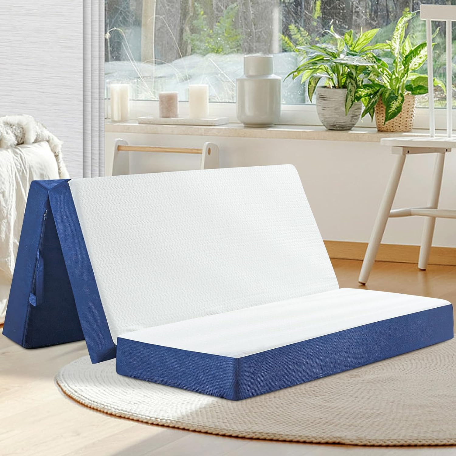 Queen Size Folding Memory Foam Mattress Topper, 6″ Tri-Fold with Washable Cover