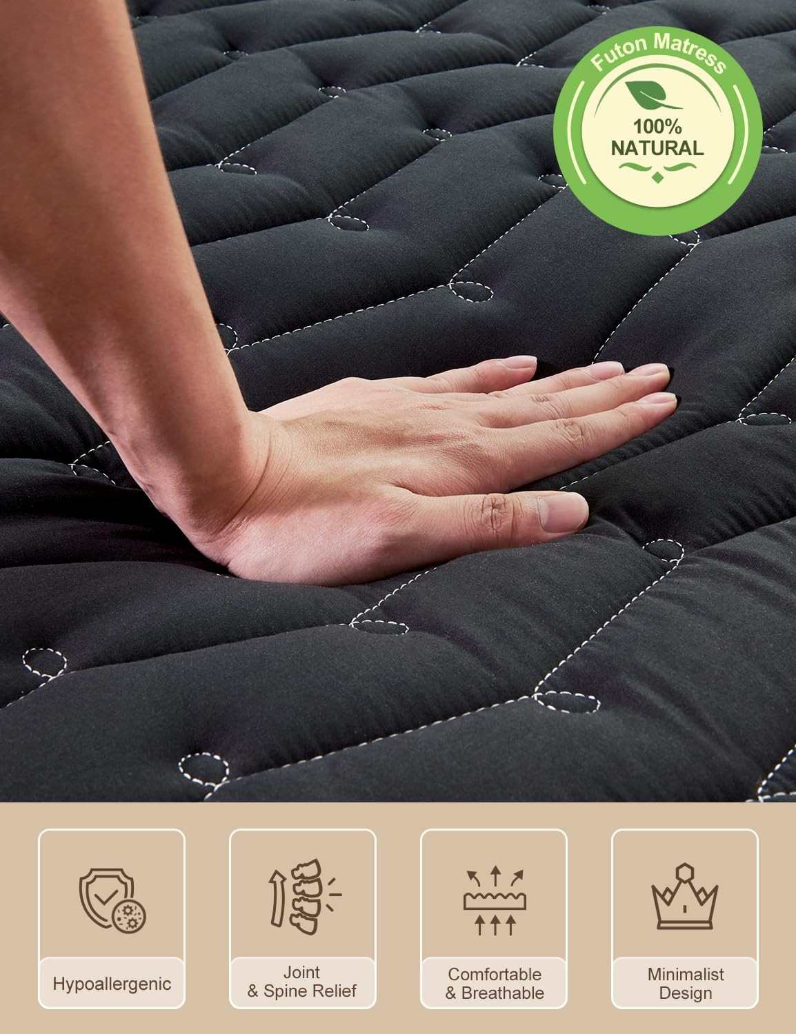 Premium 3.2″ Thick Twin Size Japanese Floor Mattress – Foldable Futon (Black)