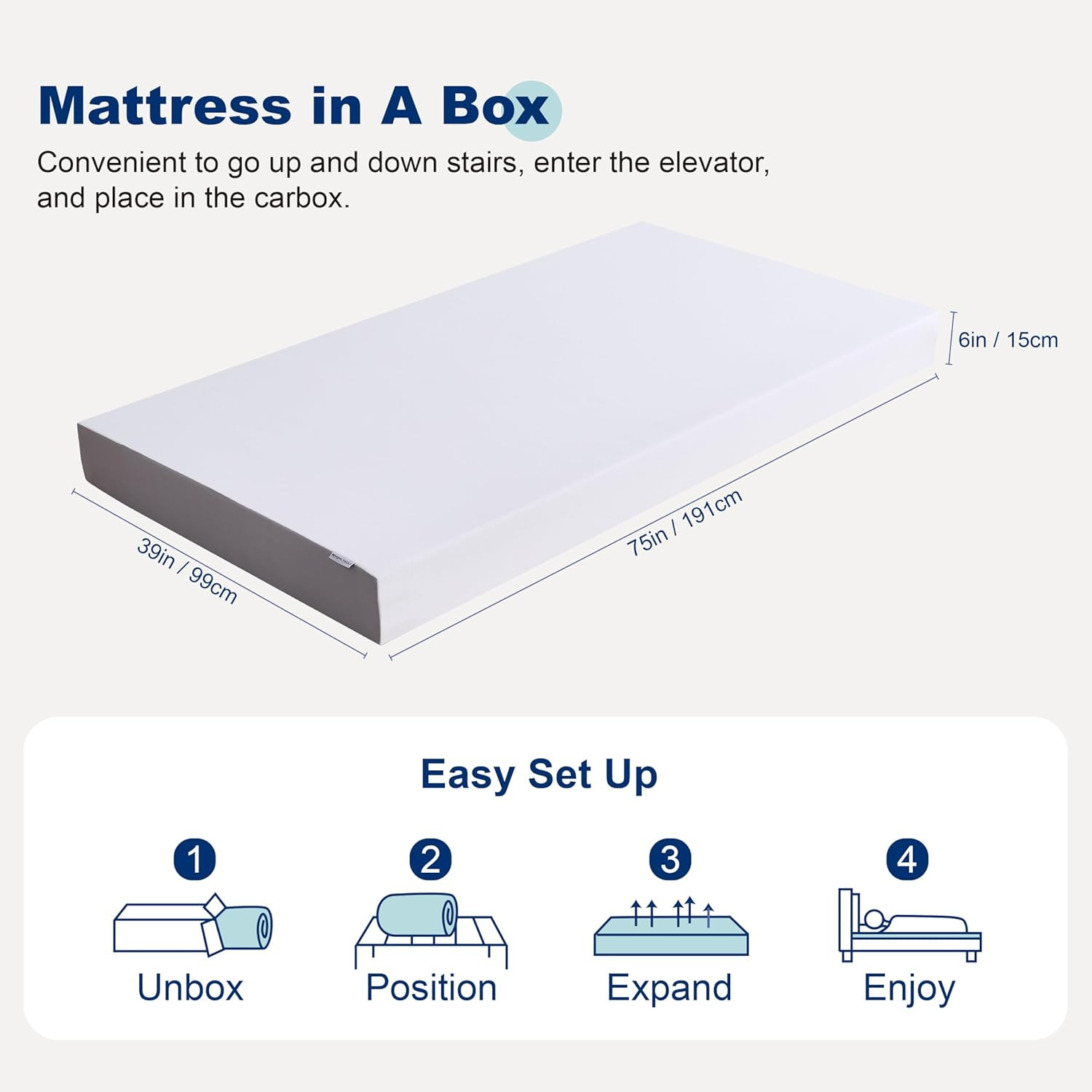 Memory Foam Mattress, Soft Plush Feel, 6 Inch, Twin, White/Grey