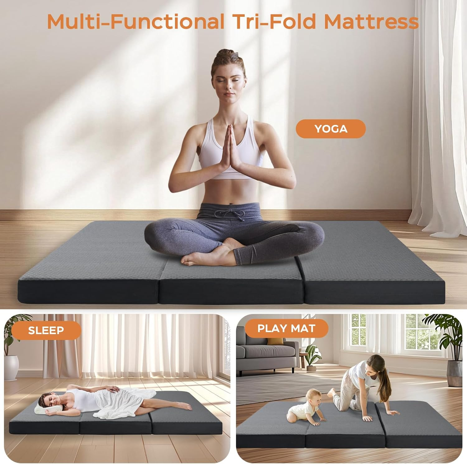 Tri Folding Mattress Queen Size – Memory Foam Tri-Fold Handle & Non-Slip Bottom,