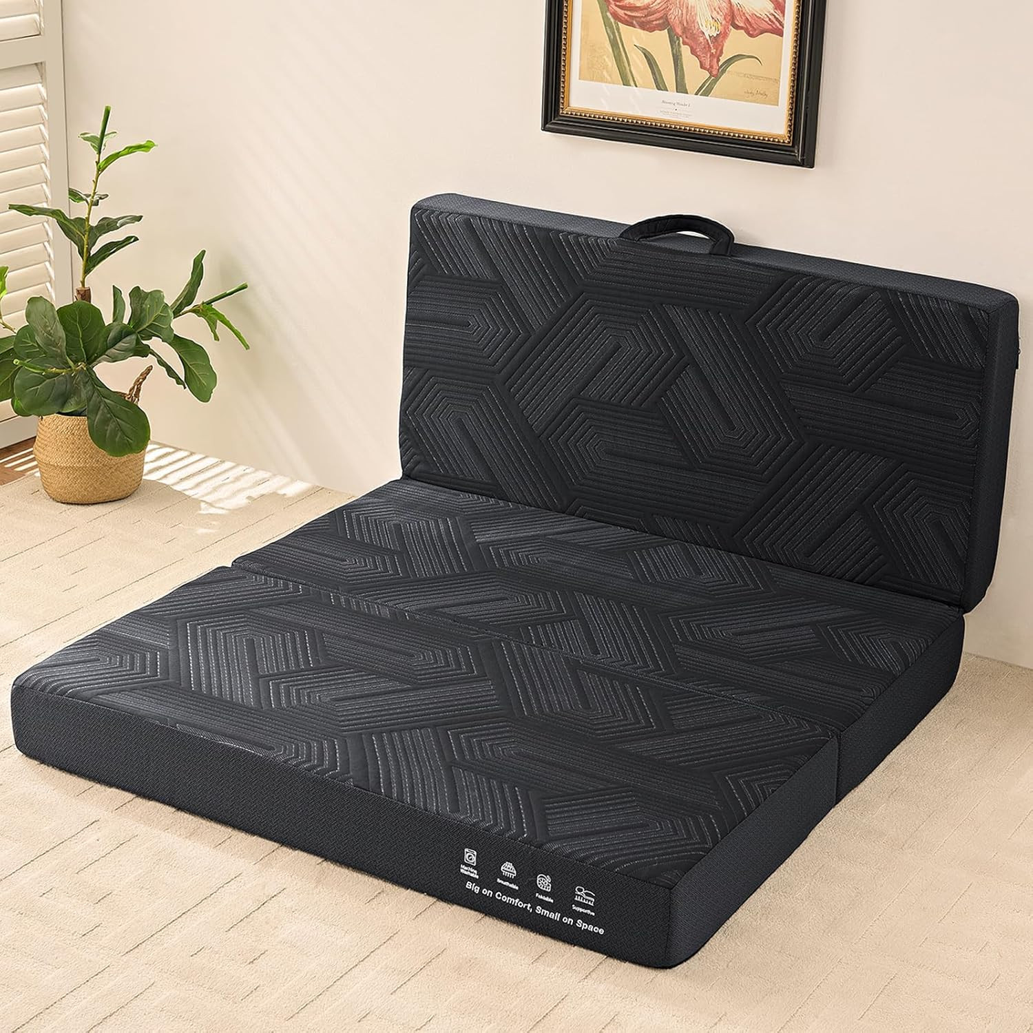 6″ Twin Size Memory Foam Tri-Fold Mattress with Washable Cover – Black