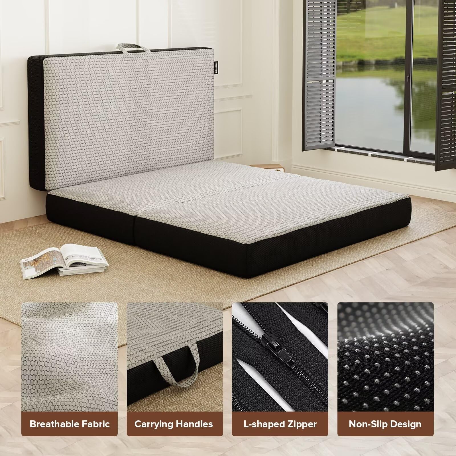 Memory Foam Trifold Mattress, Full Portable Floor Bed 6 Inch, Foldable Mat wi…