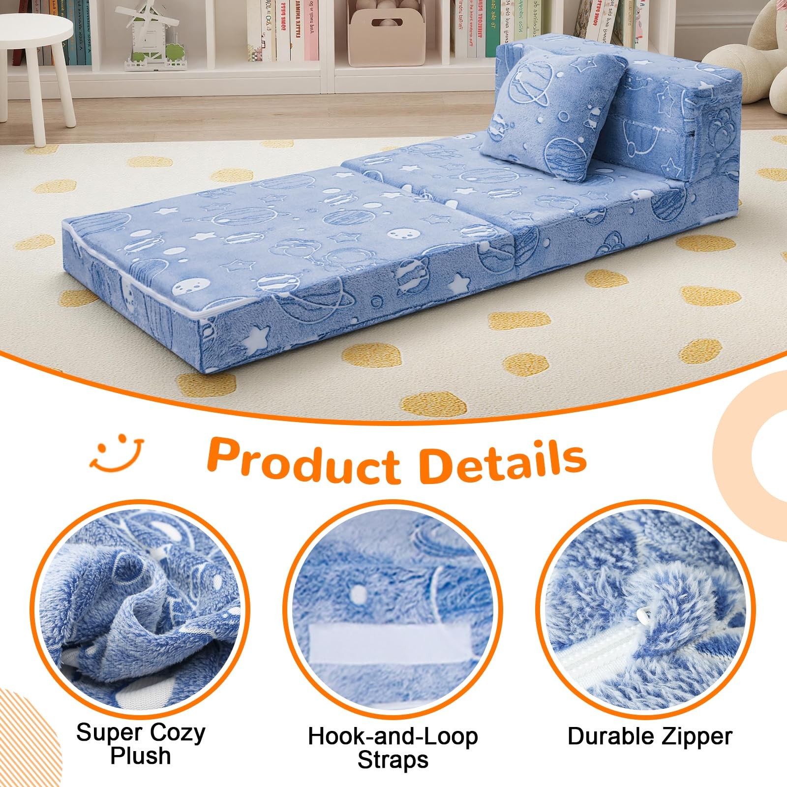 Glow Space-Themed Tri-fold Sofa Bed for , Foldable Futon Chair and Floor Couc…