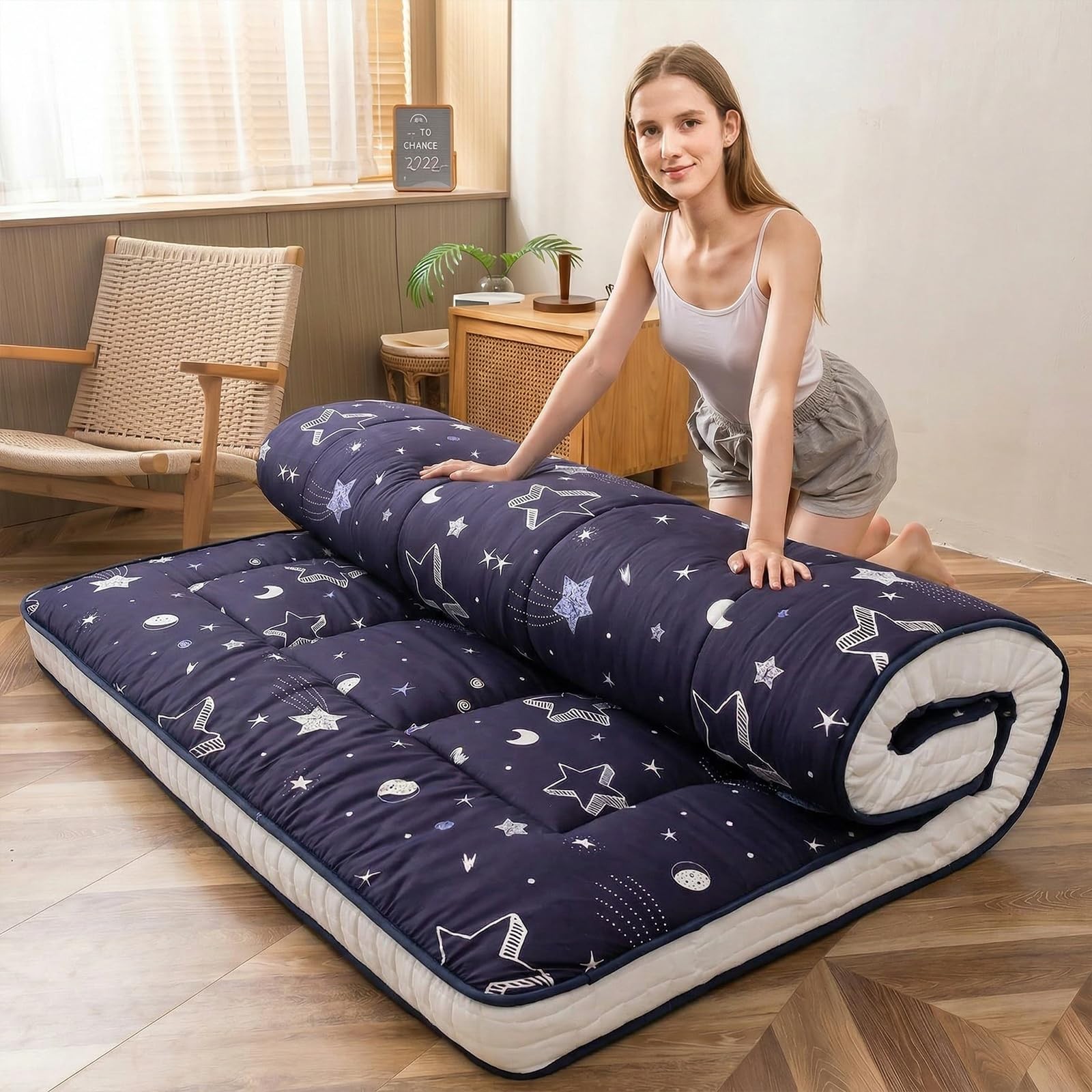 Futon Mattress, Navy Star Japanese Floor Mattress Quilted Mattress Topper, Ex…
