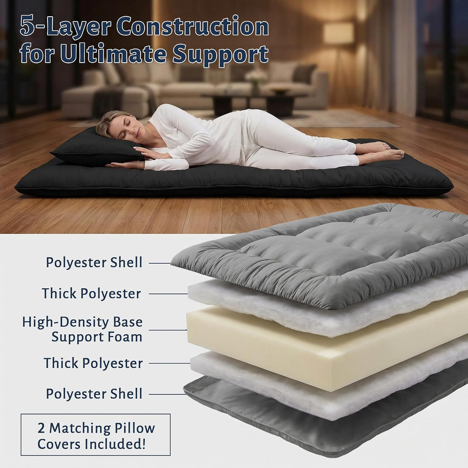 Japanese Floor Mattress Futon Mattress, 3.5 Inch Thick Foldable Roll up Tatami M