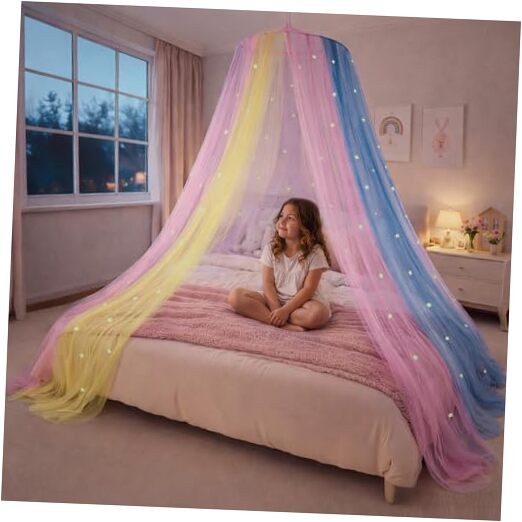 Bed Canopy for Girls with Glowing Stars – Canopy Bed Curtains Stars (Rainbow)