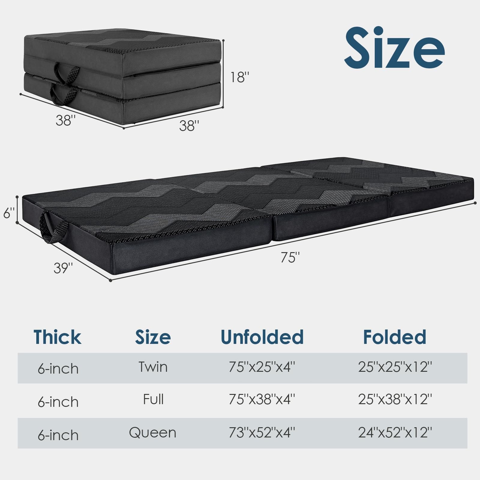 Foldable Mattress Queen – Memory Foam 6 inch Trifold Mattress for Camping, wi…
