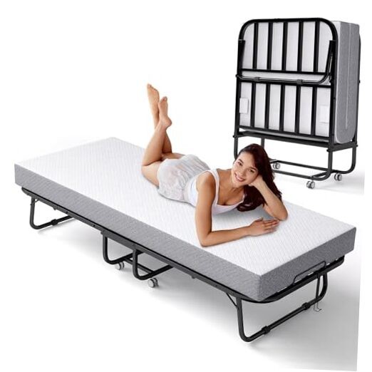 Folding Bed with Memory Foam Mattress, Portable Rollaway Guest 31inch White