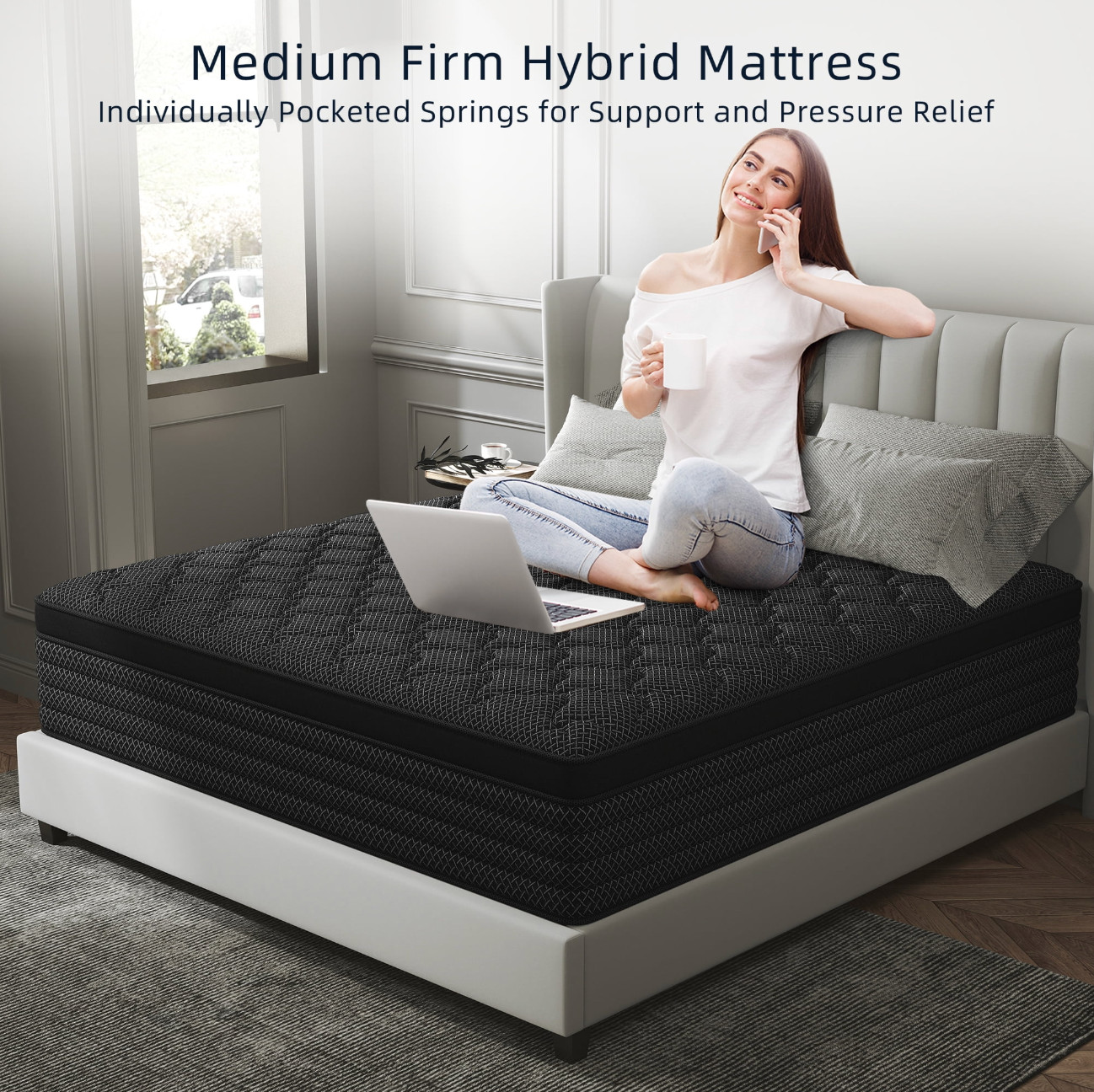 12″ Twin Colchon Pocket Spring Mattress Hybrid Twin Cama Mattress Euro Top Black