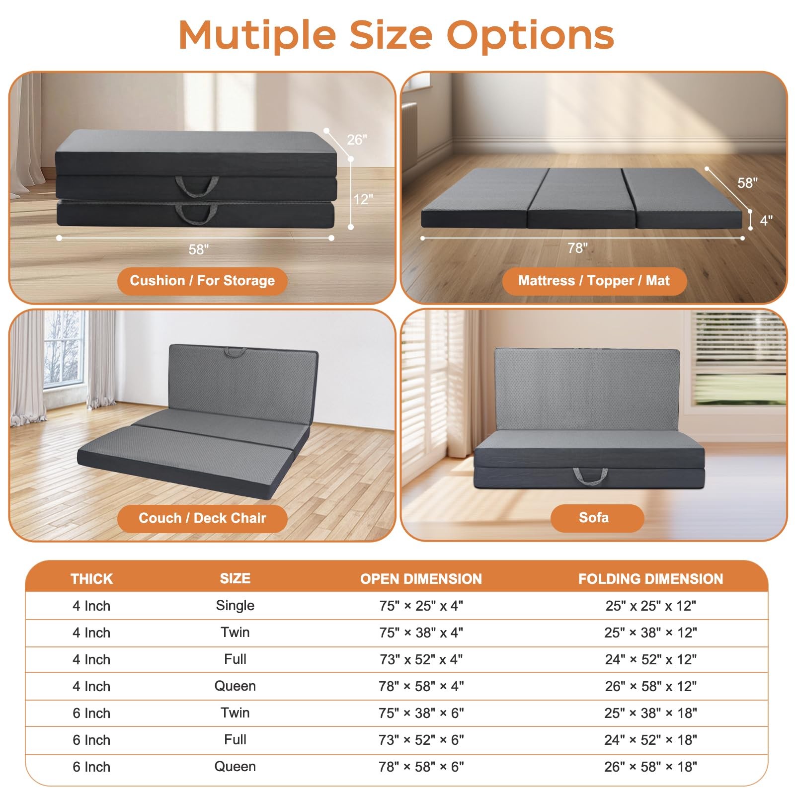 Tri Folding Mattress Twin Size – Memory Foam Tri-fold Handle & Non-Slip Botto…