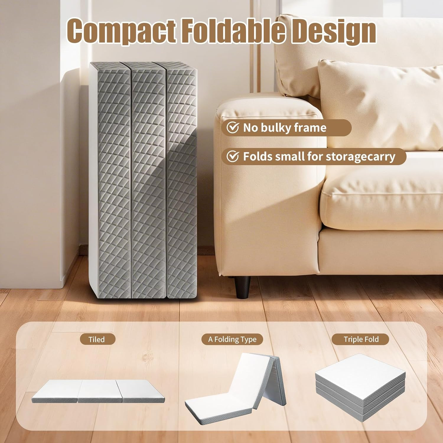 Tri-Folding Mattress, 3 Inch Portable Folding Mattress Topper with a Collapsible
