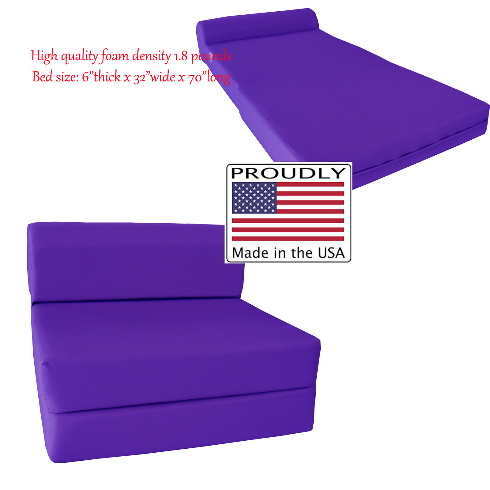 Full 6 x 48 x 72 Flip Chair Folding Foam Beds, Foldable Sofa Bed, Purple