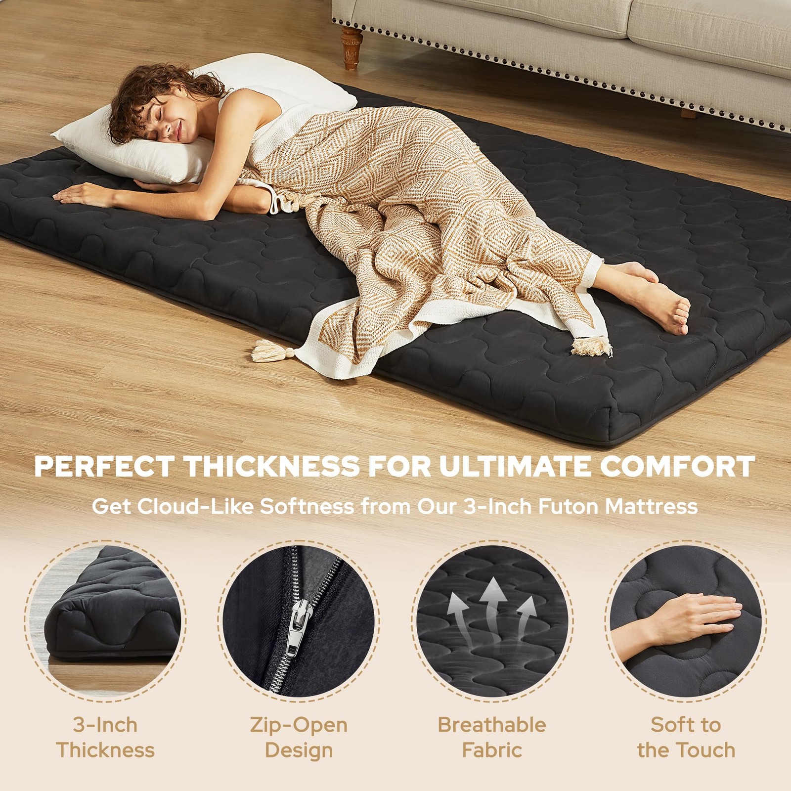 Japanese Floor Mattress, Futon Mattress Queen Size 3″ Thick Portable Sleeping…
