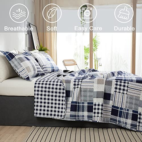 Patchwork Bedding Plaid Quilts Set Size, 3Pcs Buffalo Full/Queen Navy Blue