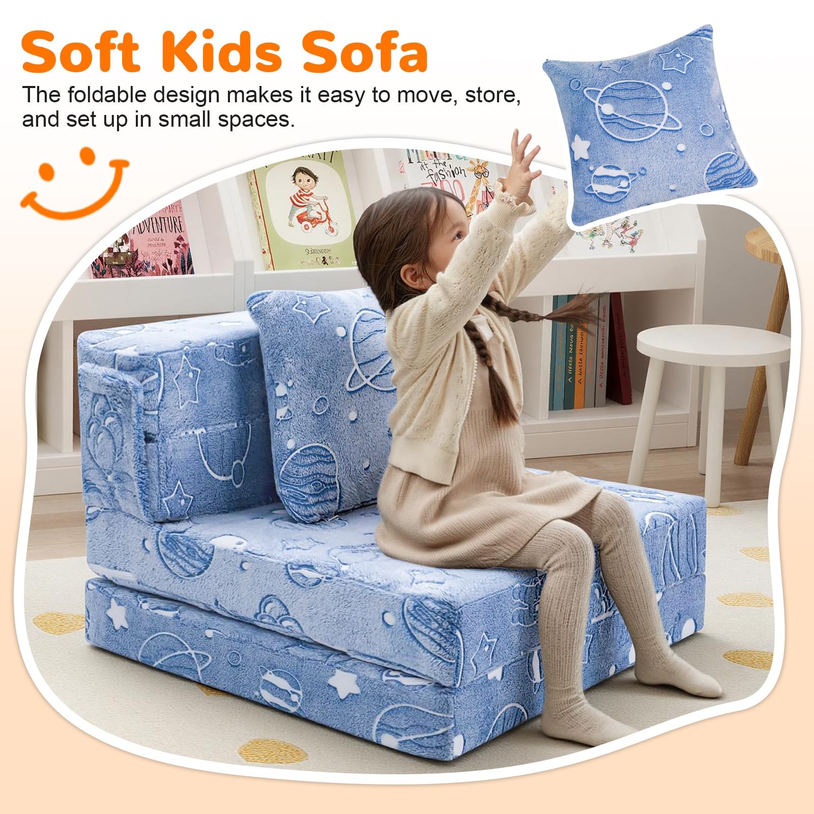 Glow Space-Themed Tri-fold Sofa Bed for , Foldable Futon Chair and Floor Couc…