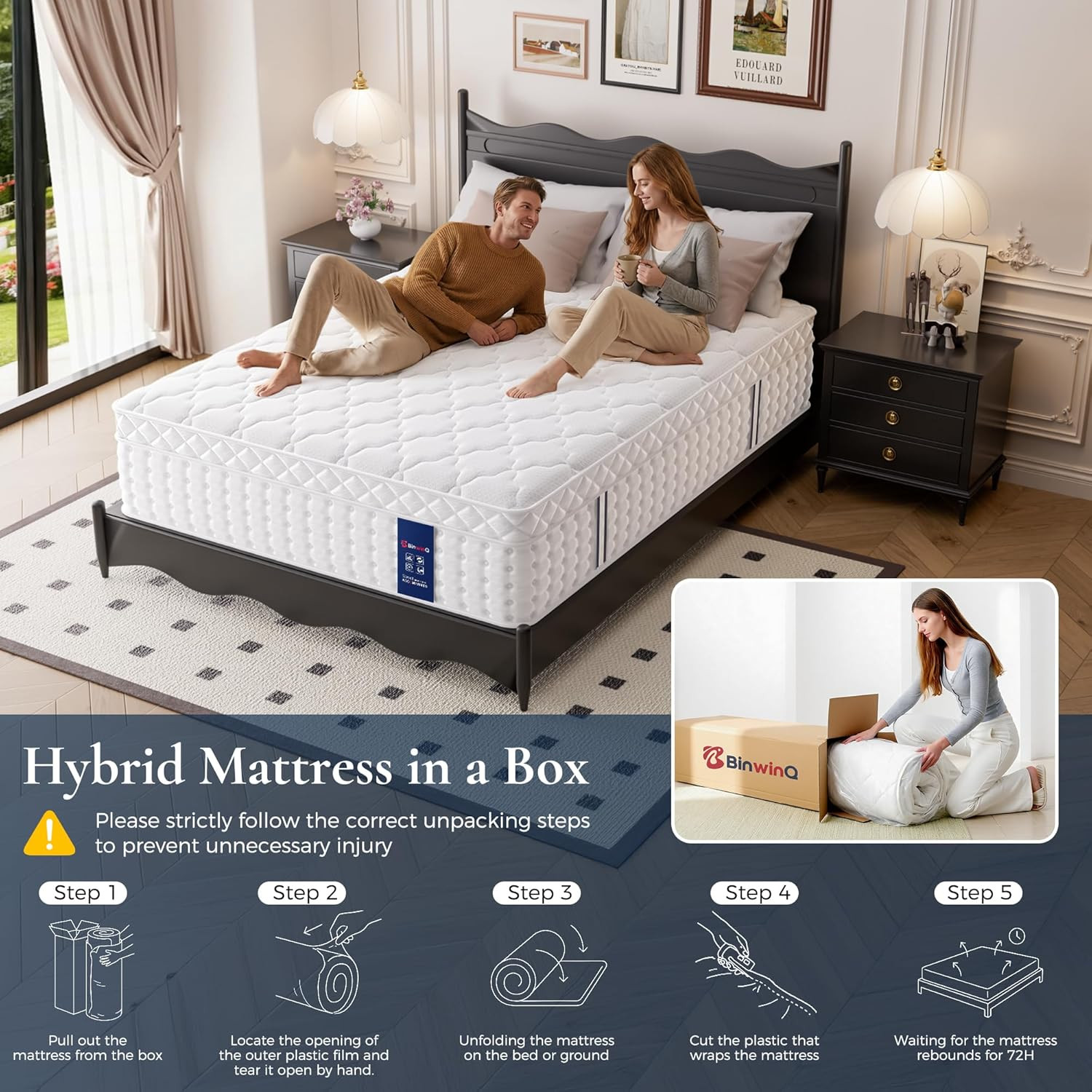 14 Inch Queen Hybrid Mattress in a Box, Plush Mattress with Gel Memory Foam & In