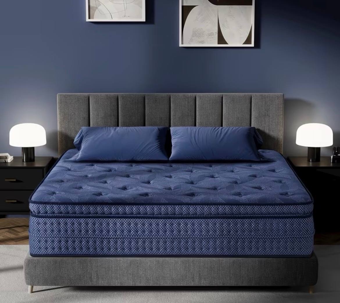Medium Firm Queen Blue Pocket Spring Mattress, Cooling Fabric Cover