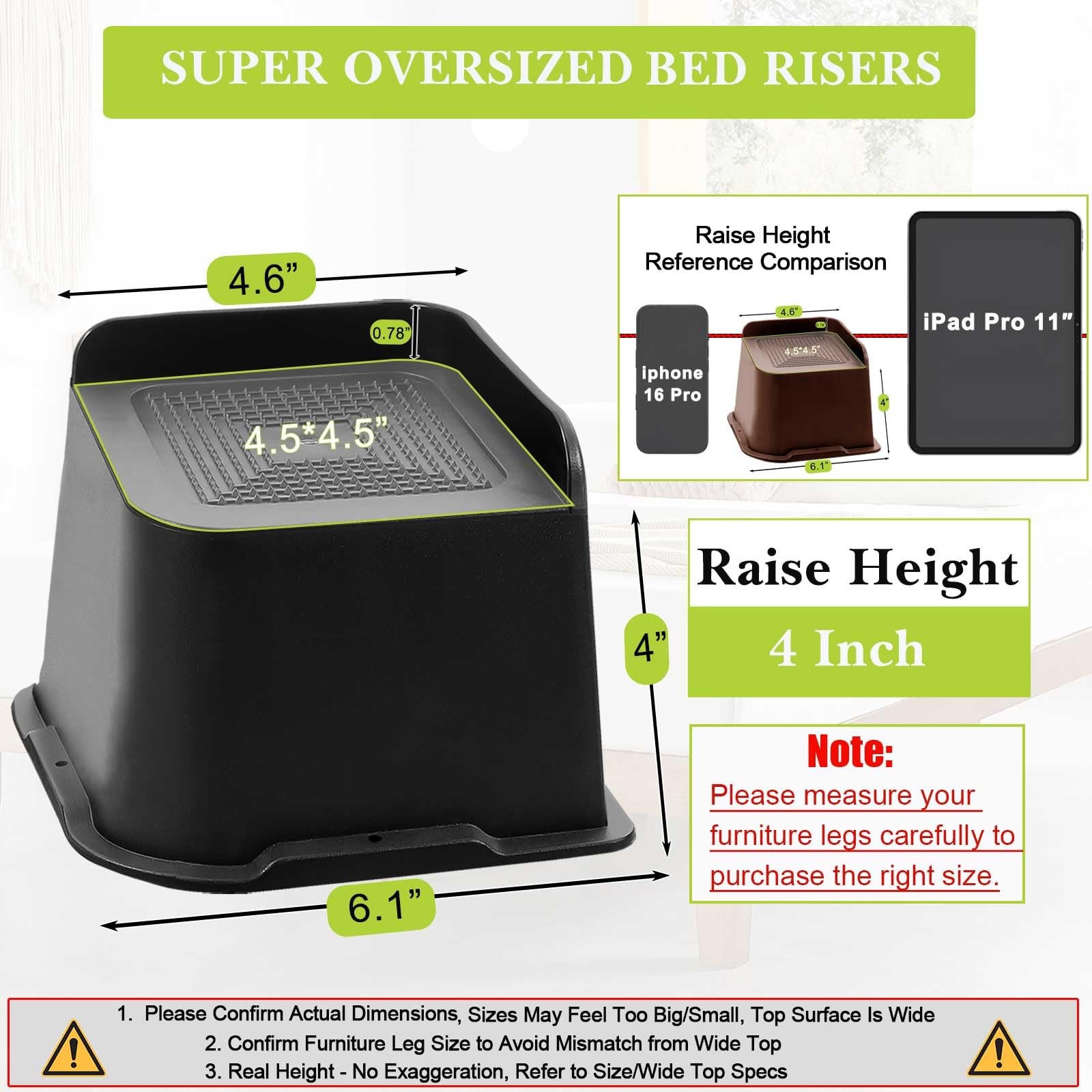 Yookwutar Bed Risers 2 inch, 3 4 6 8 4 Inch, Black 4 Pack