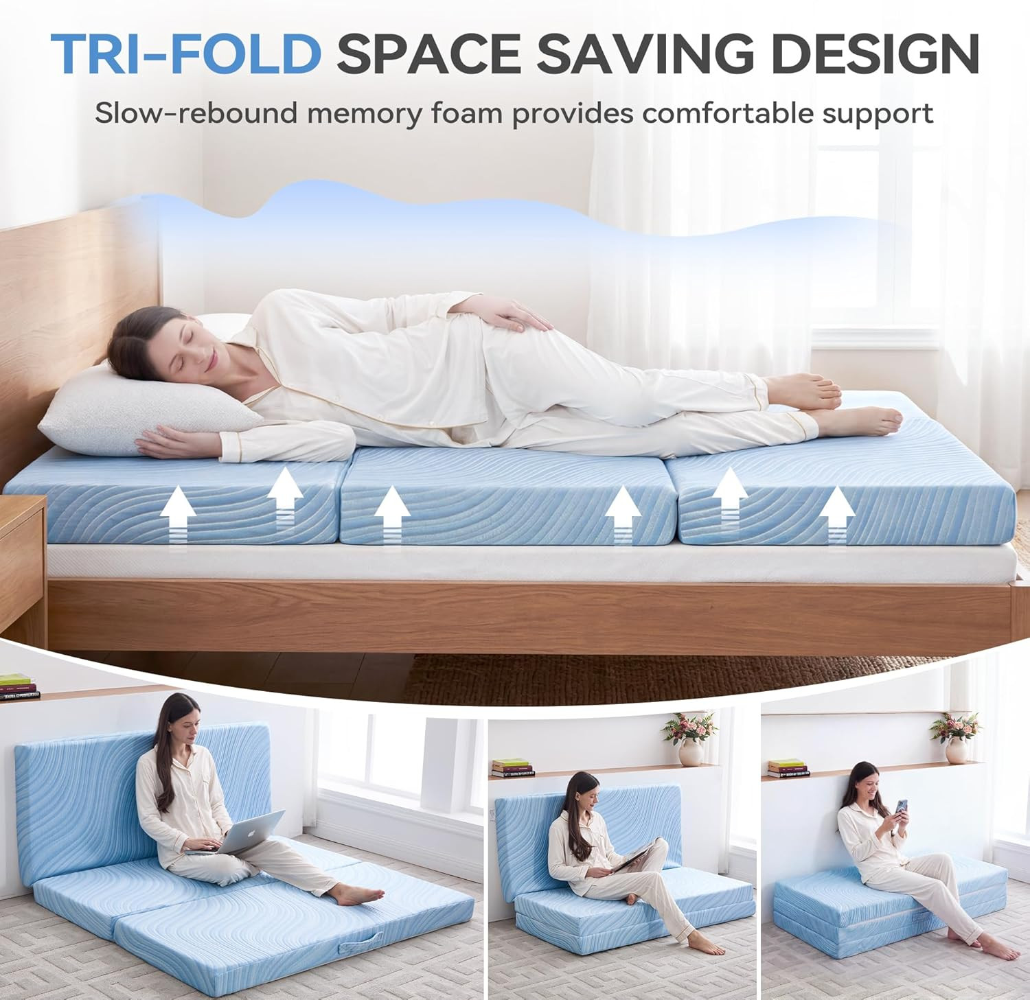 Foldable Trifold Tri Fold Portable Folding Mattress – 4 Inch Memory Foam & High