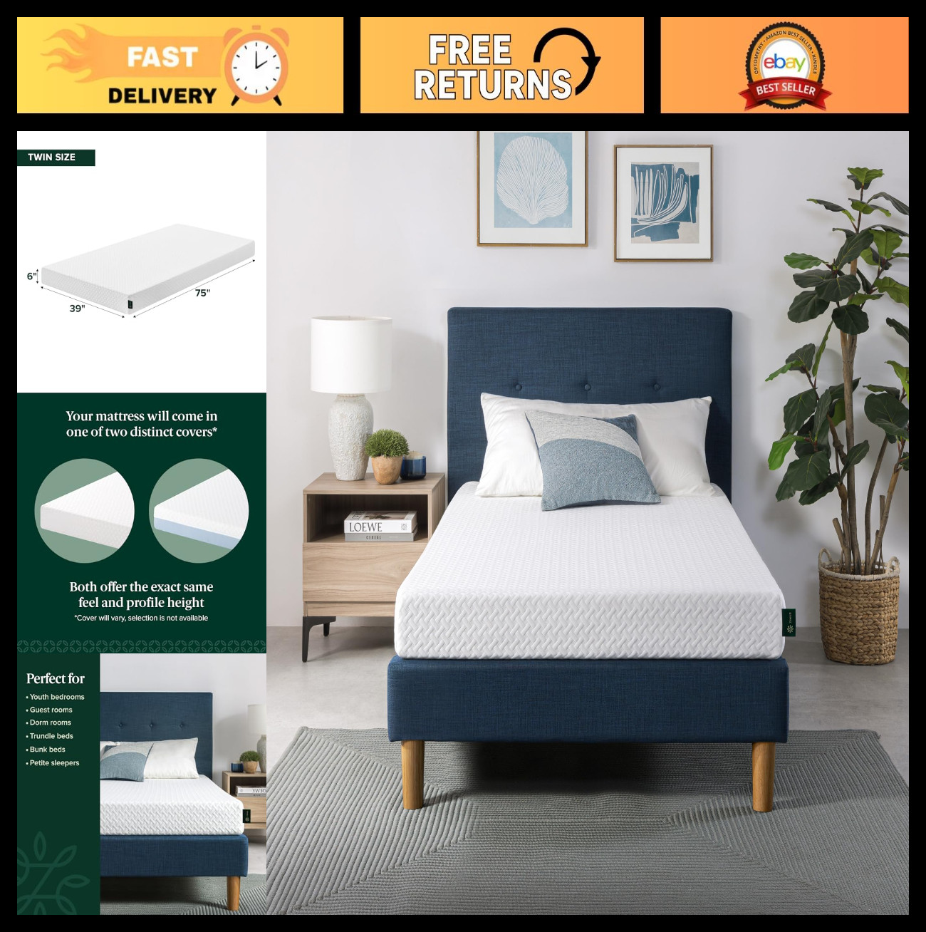 6 Inch Twin Memory Foam Mattress – Cooling, Fiberglass Free, Medium Feel, Safe M