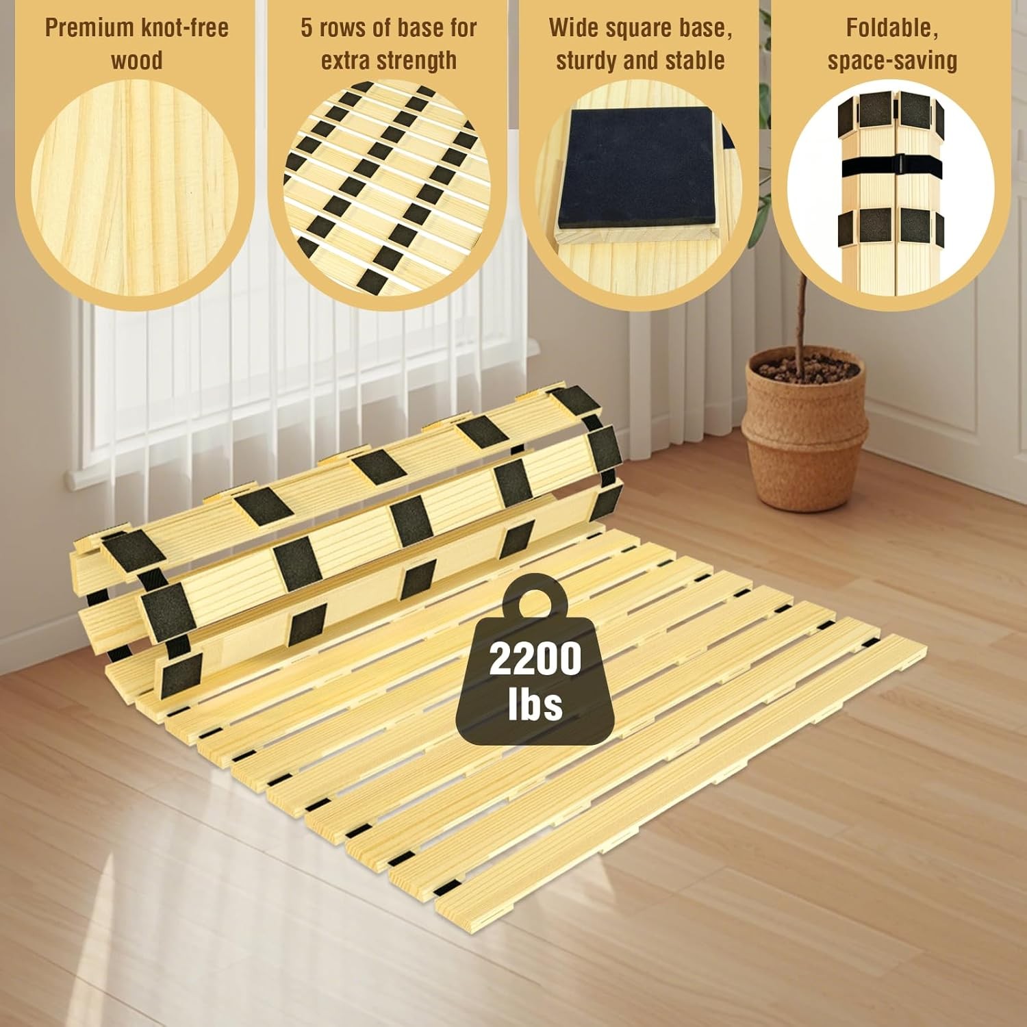 Japanese Tati Mat Floor Bed, Knotl Solid Wood, Roll-Up Slatted, Bed
