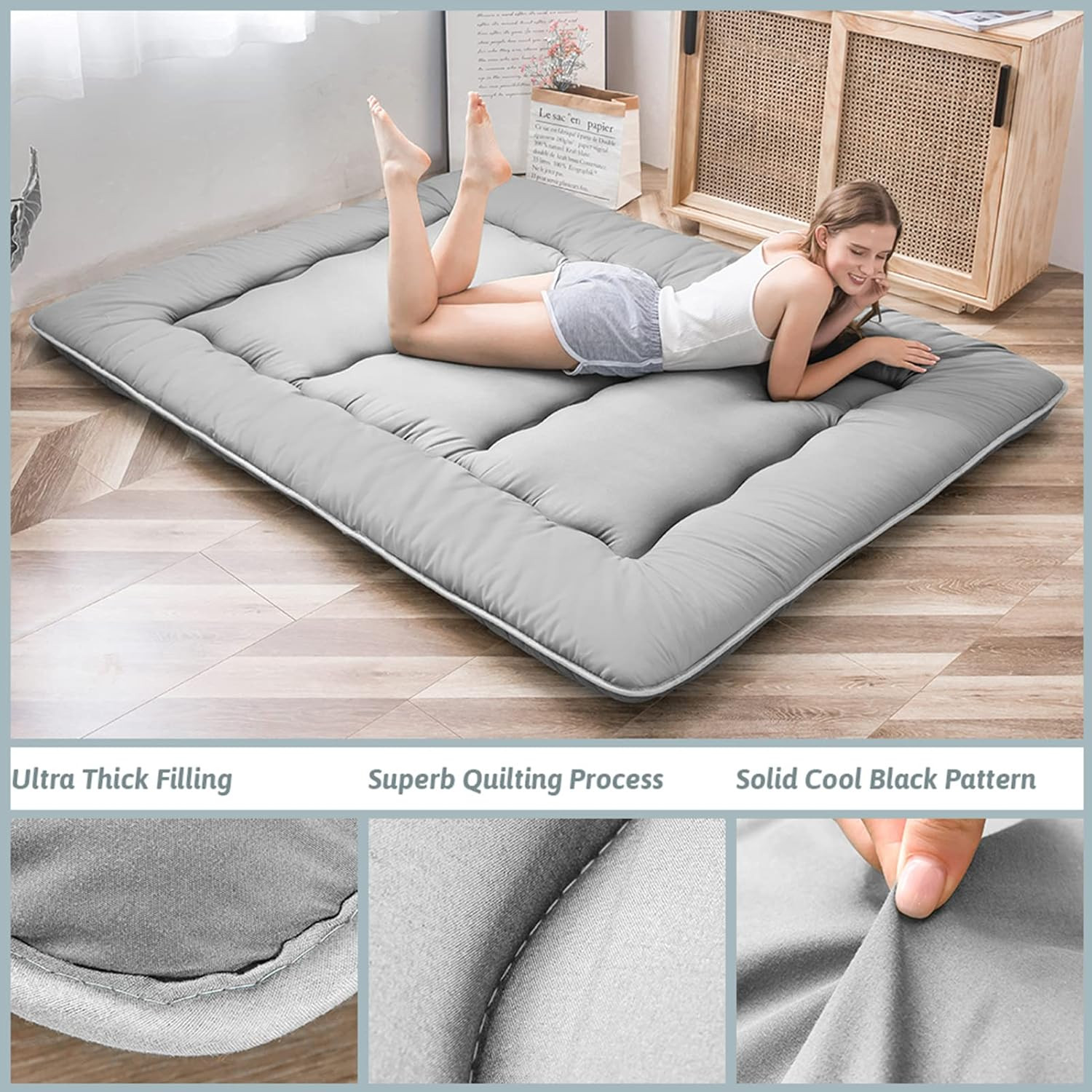 Japanese Floor Mattress, Thicken Daybed Futon Sleeping Pad Foldable Roll up Matt