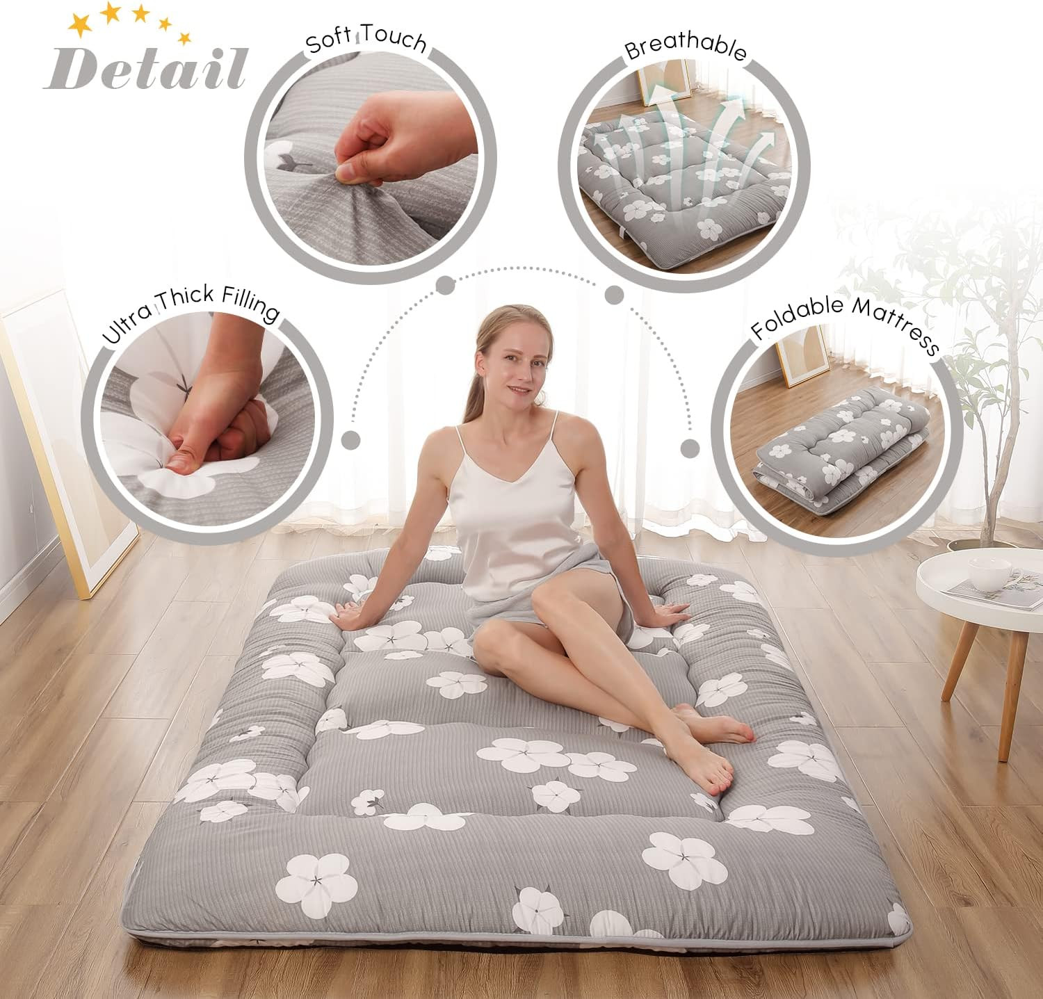 Grey Japanese Floor Mattress with Washable Cover & Storage Bag, Full Size