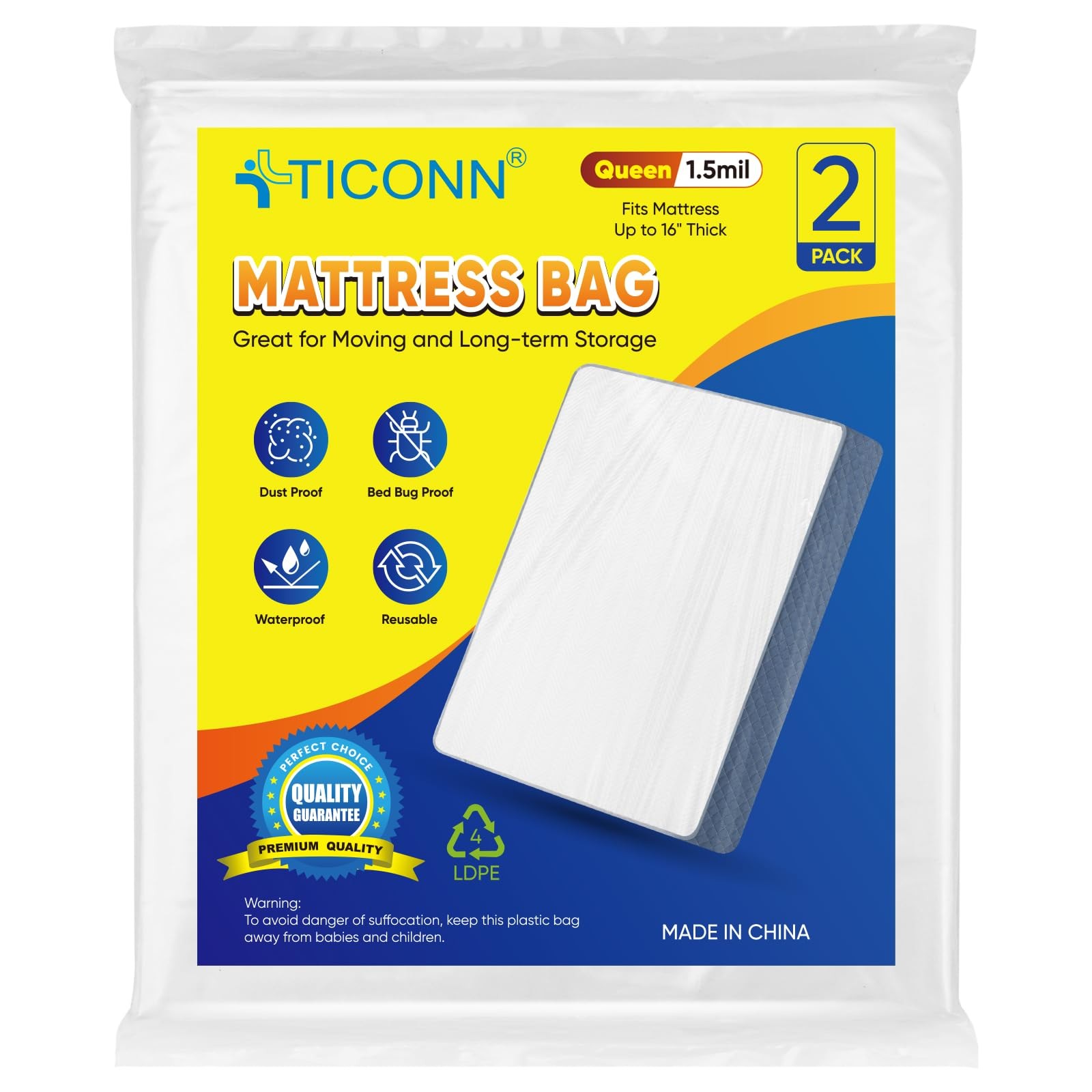 TICONN 2PK Plastic Mattress Bag for Moving Storage, Waterproof Queen, White