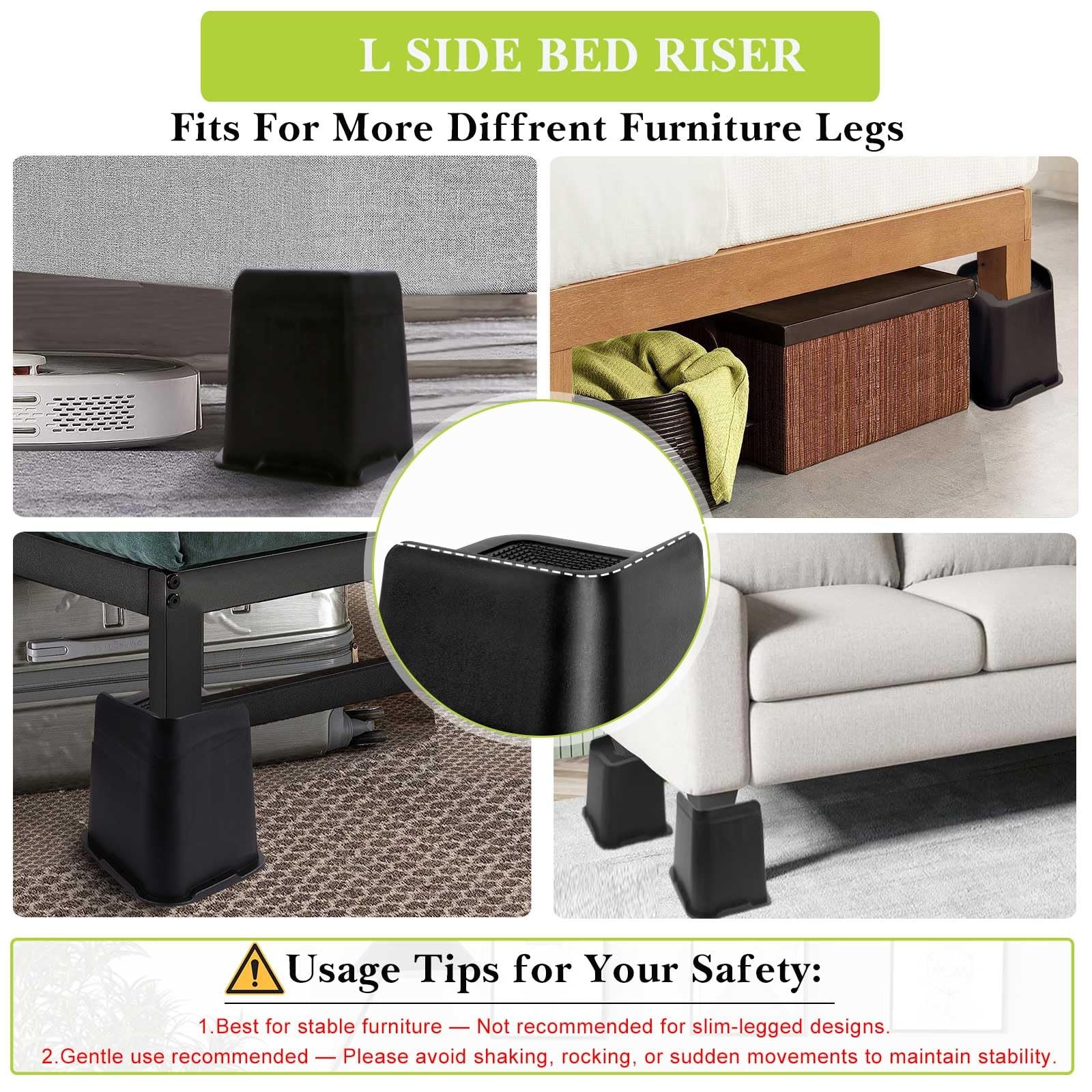Yookwutar Bed Risers 2 inch, 3 4 6 8 6 Inch, Black 4 Pack
