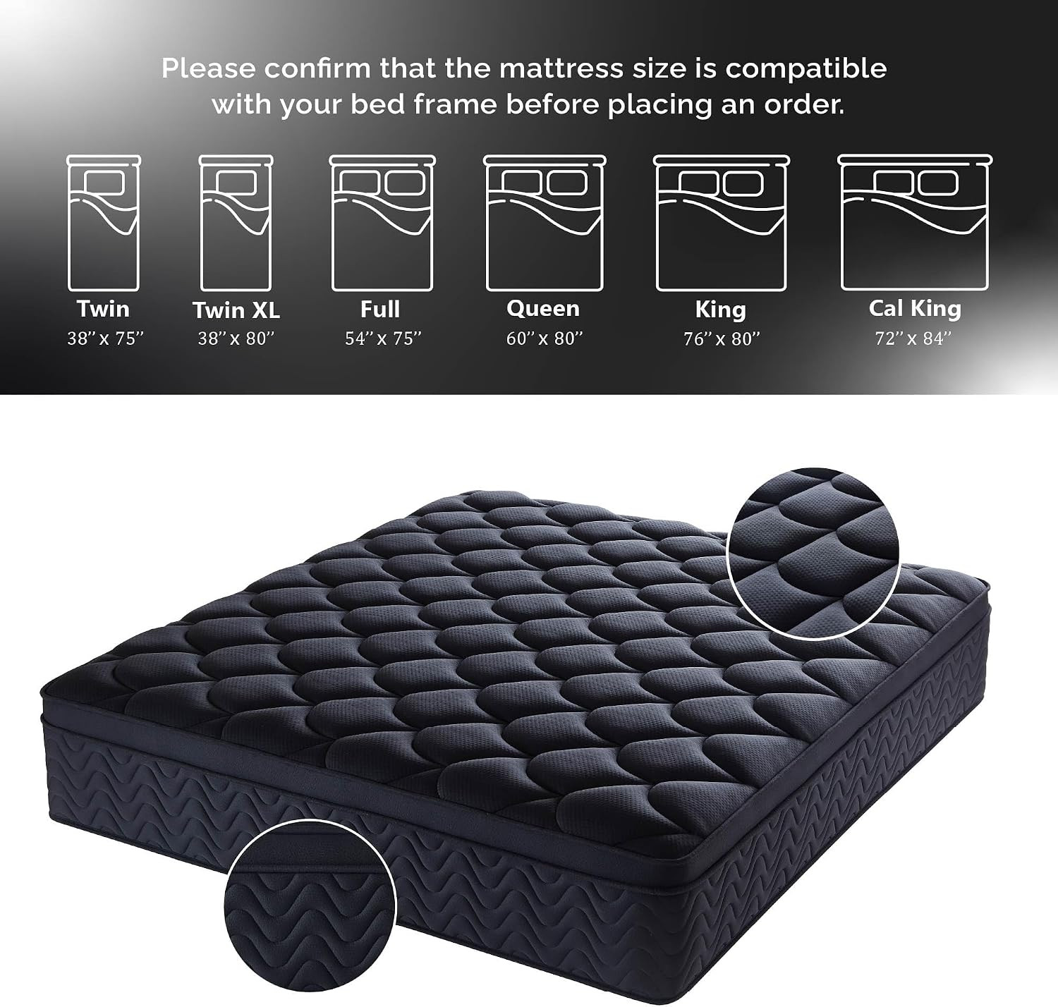 12 Inch Full Size Mattress 54”Wx75”L, Black Individual Pocket Spring Innerspring