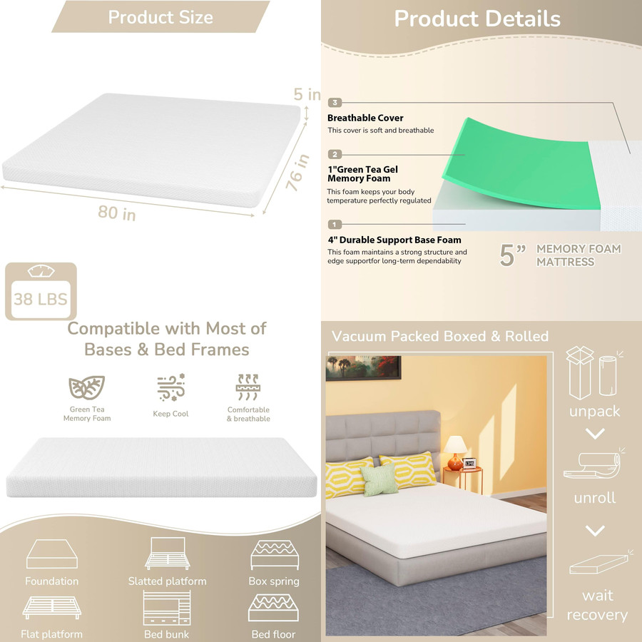 SIN DOLOR ESPALDA Colchon Gel Memory Foam Espuma Cama KING Bed Mattress Soft 5″