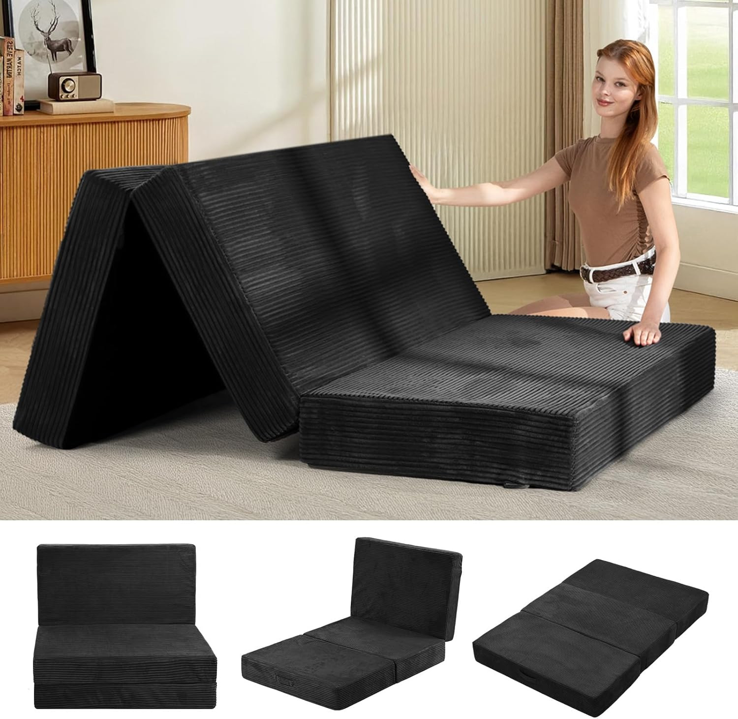 6-Inch Tri-Fold Mattress Full Size – Foldable Futon Sofa Bed with Removable Wash