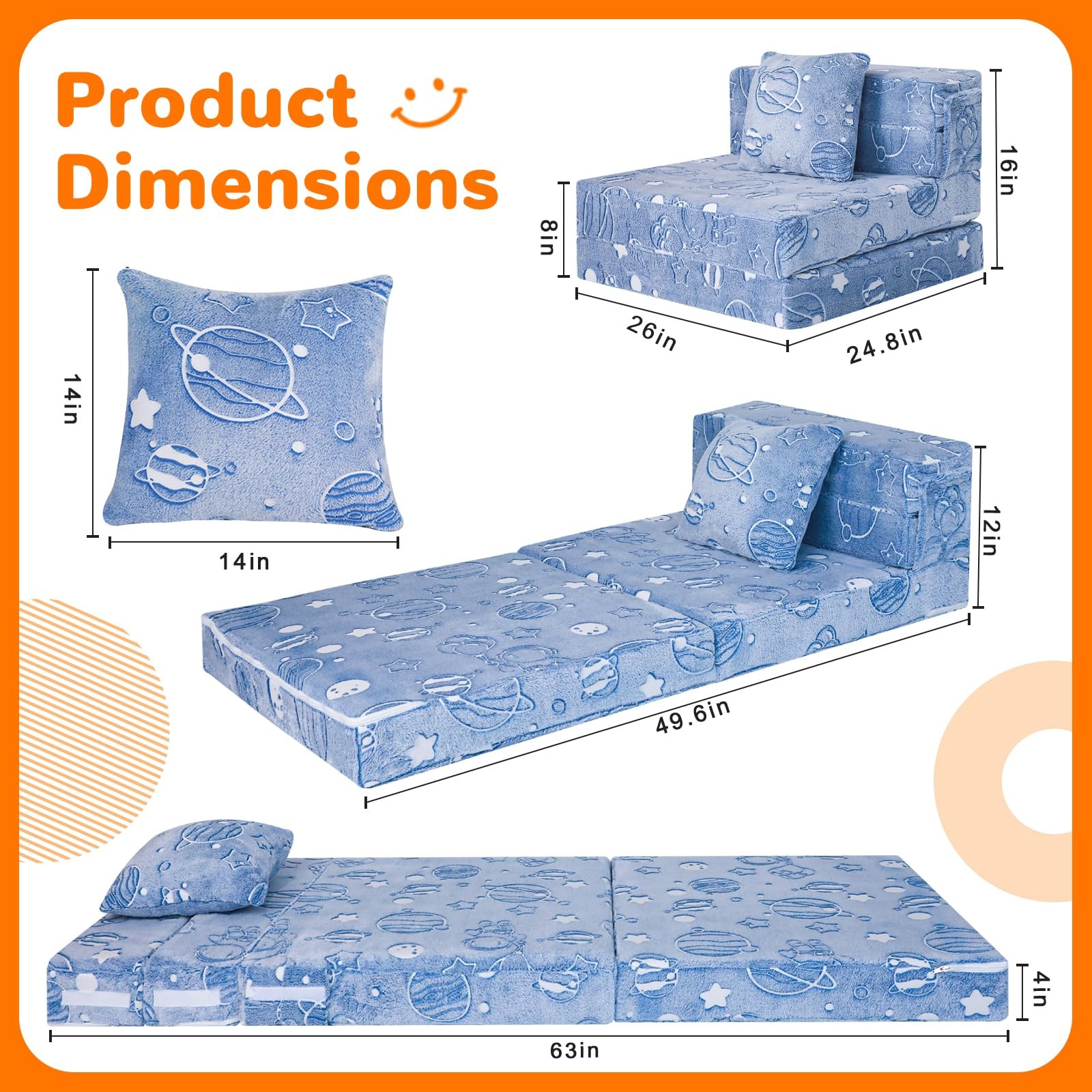 Glow Space-Themed Tri-fold Sofa Bed for , Foldable Futon Chair and Floor Couc…