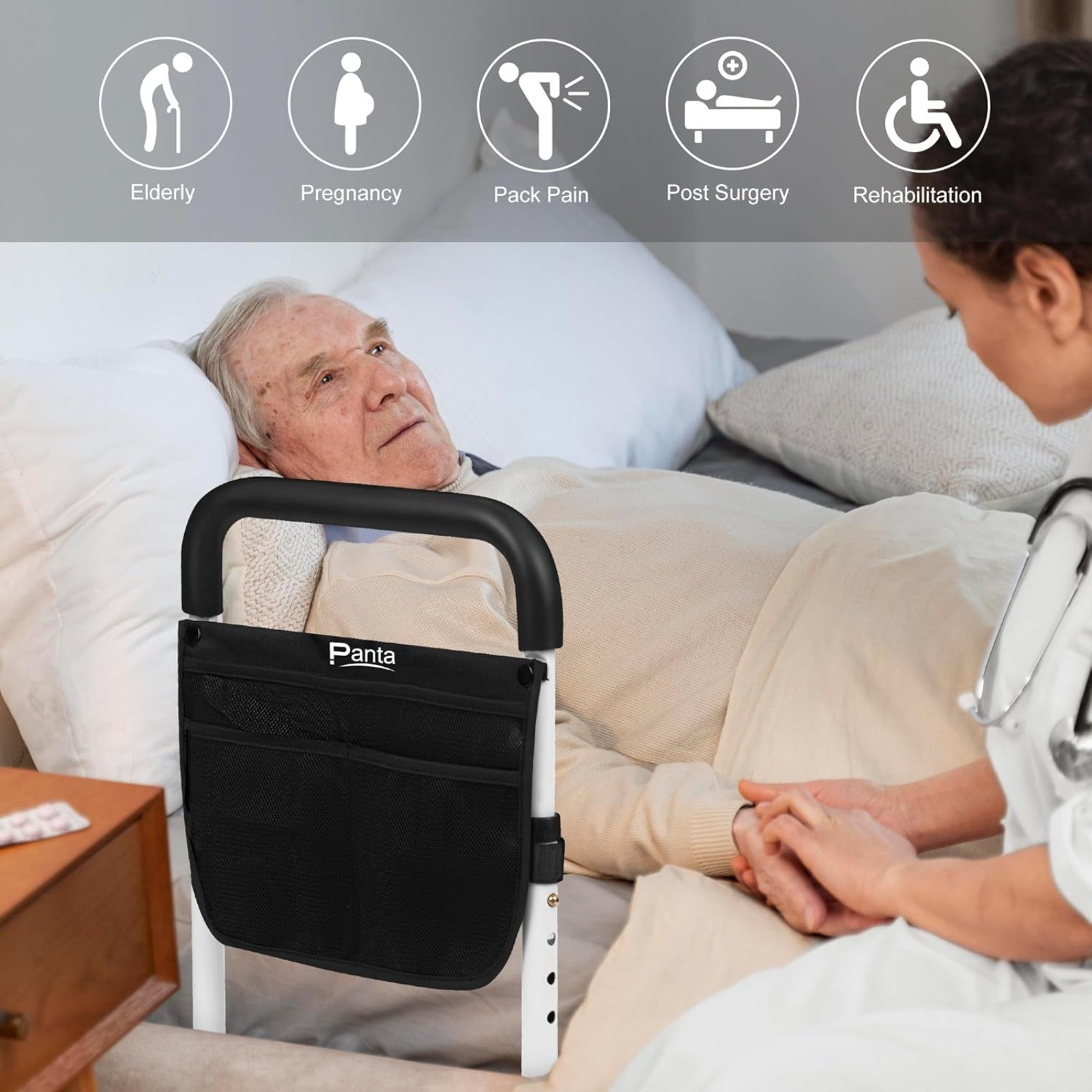 Adjustable Bed Assist Rails Bed Side Safety Handle for Seniors W/ Storage Pouch