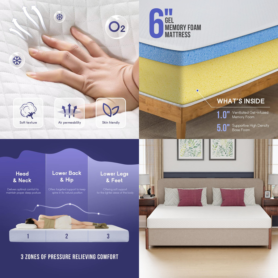 KING Gel Memory Foam Mattress Pressure Relief Breathable Sleep Back Bed Cool 6″