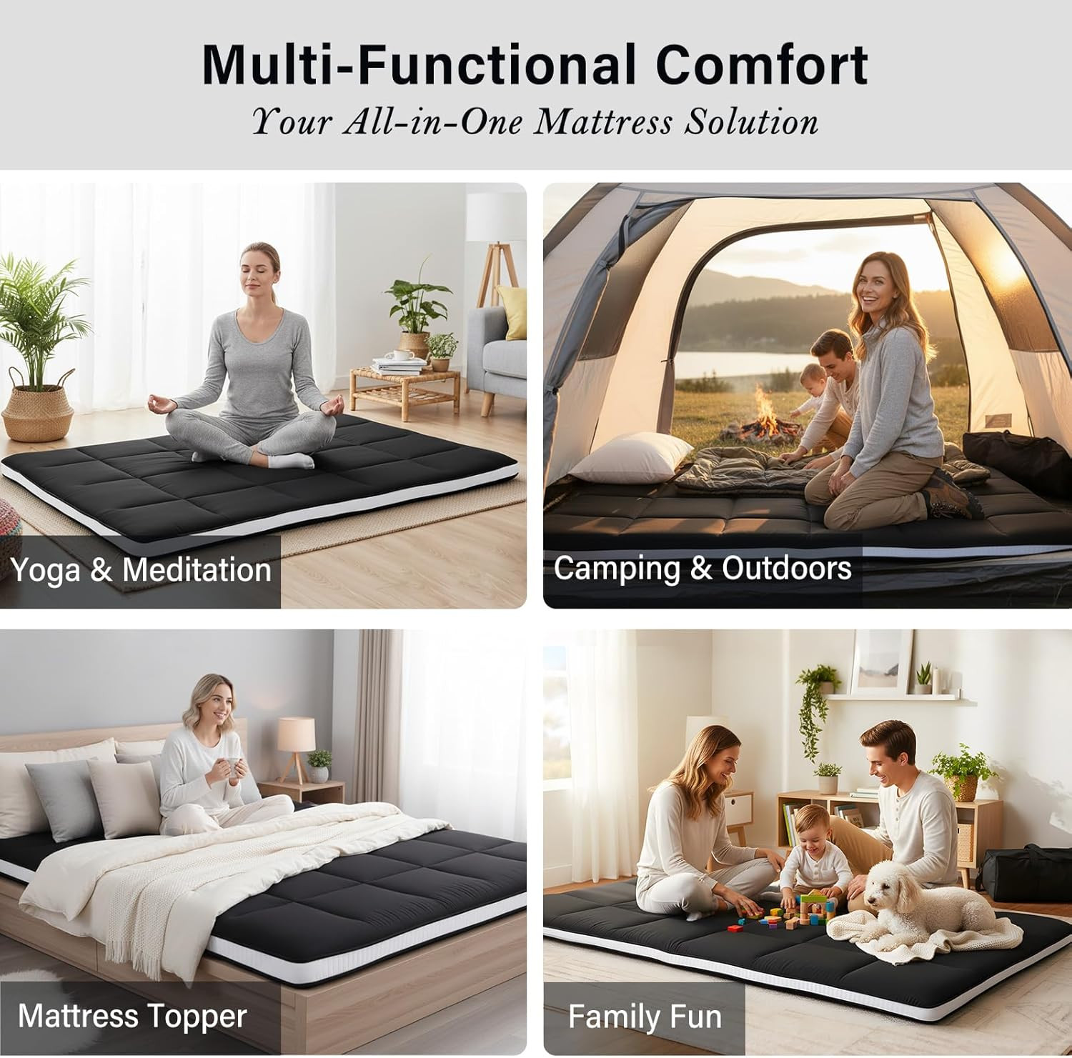 Queen Memory Foam Mattress Topper, 4″ Thicken Futon Floor Mattress with Storage