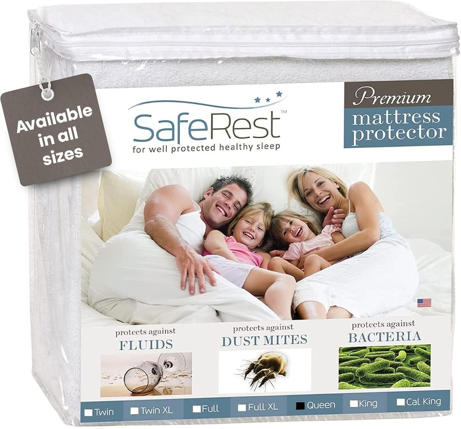 SafeRest Waterproof Queen Size Mattress Protector – Fitted Queen, Pure White