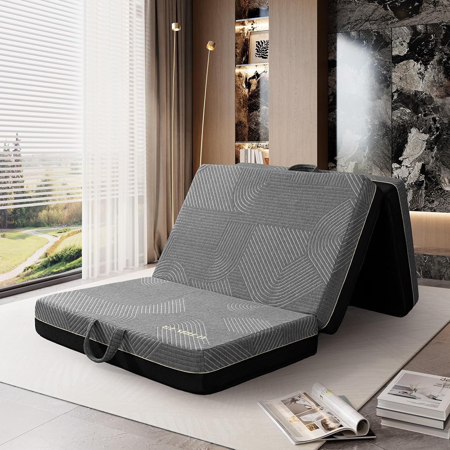 Tri Folding Memory Foam Mattress Floor Chair Sofa Bed, Full 6 Inch 73″x52″x6″