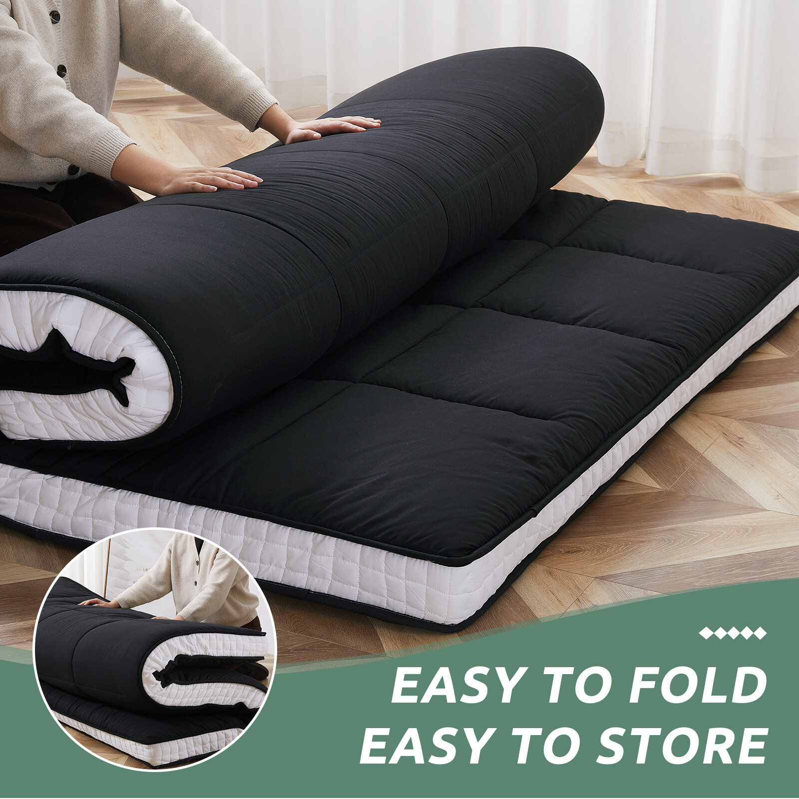MOPHOTO Japanese Floor Mattress Wave Quilting Shiki Futon Twin Size Black Mat