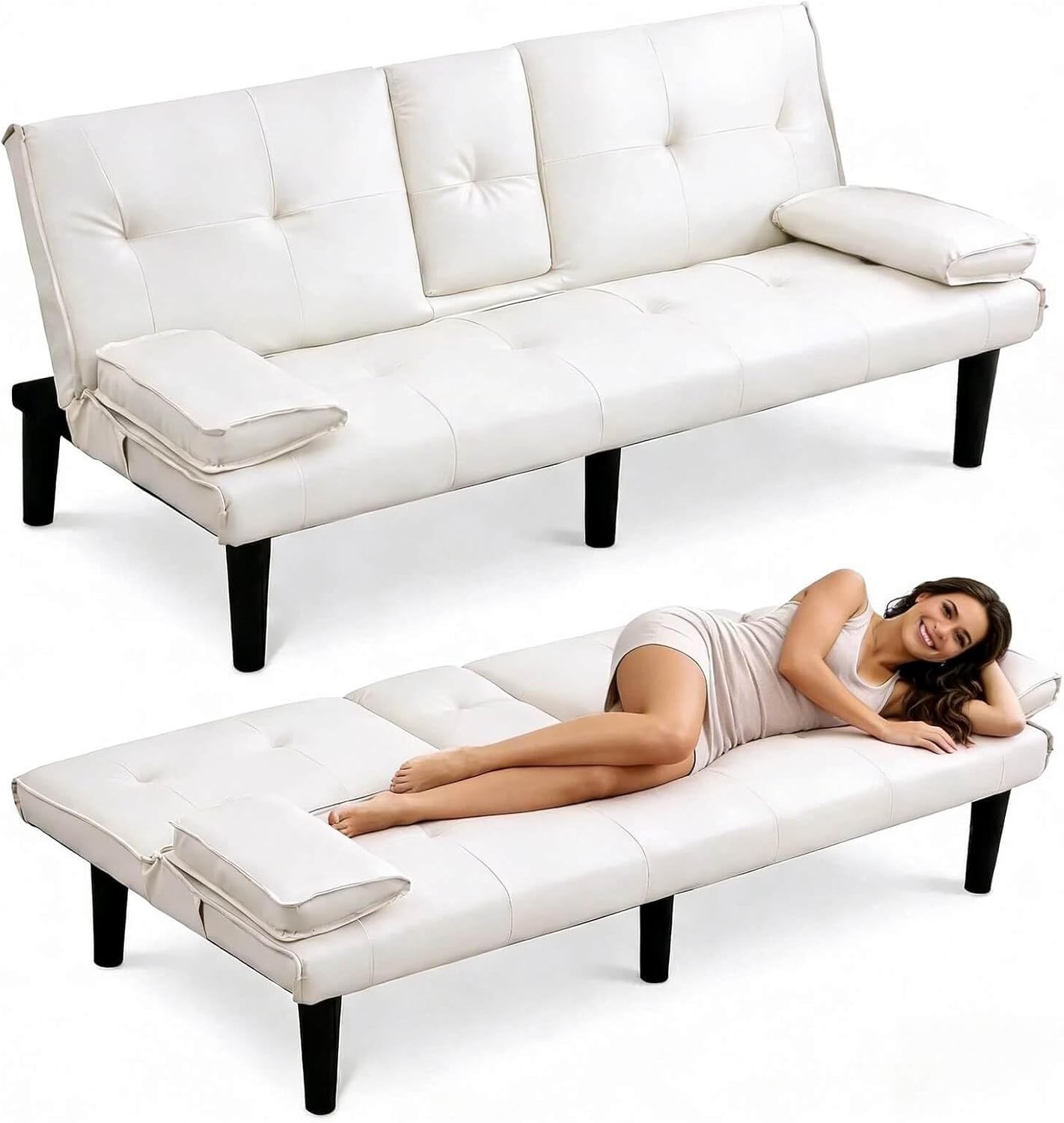 67″ Futon Sofa Bed with Cup Holders, Convertible 3 in 1