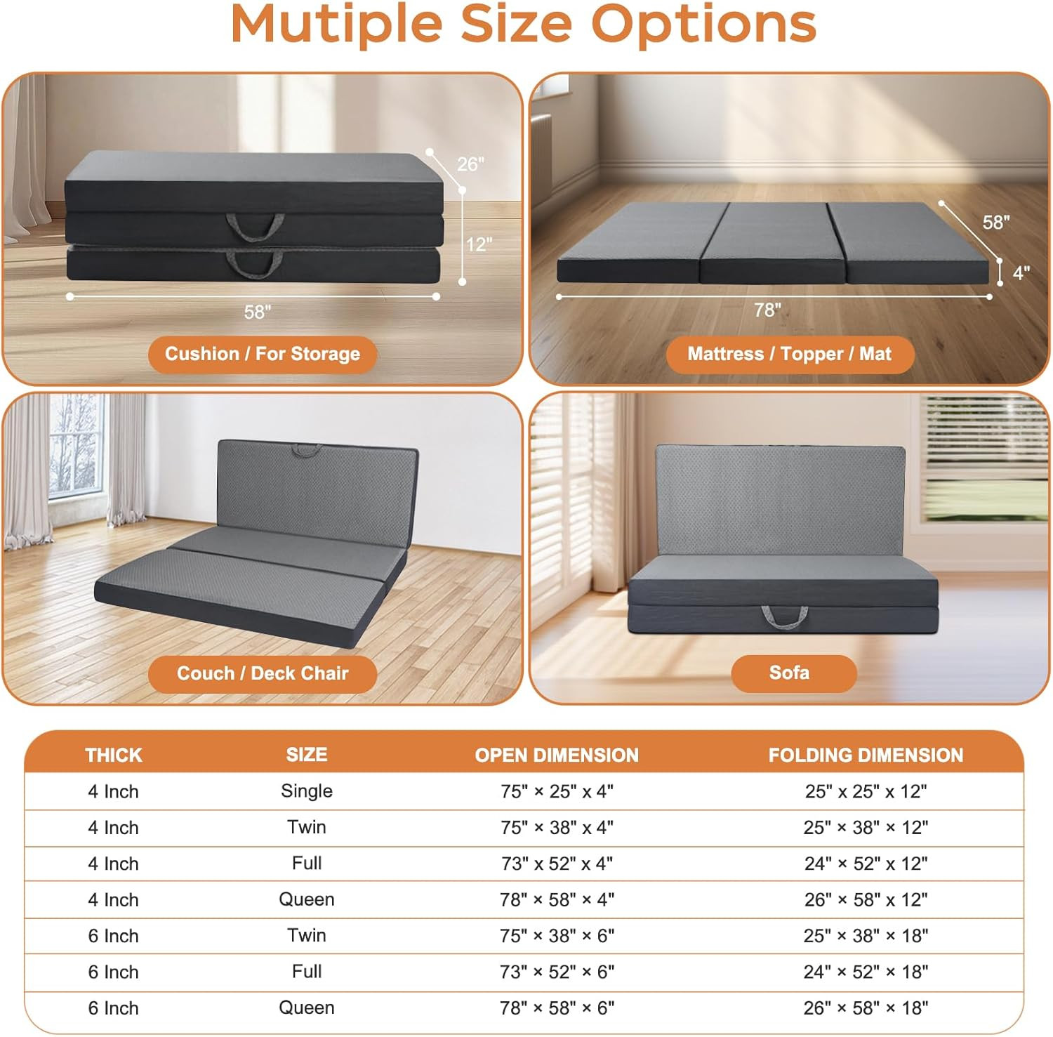 Tri Folding Mattress Queen Size – Memory Foam Tri-Fold Handle & Non-Slip Bottom,