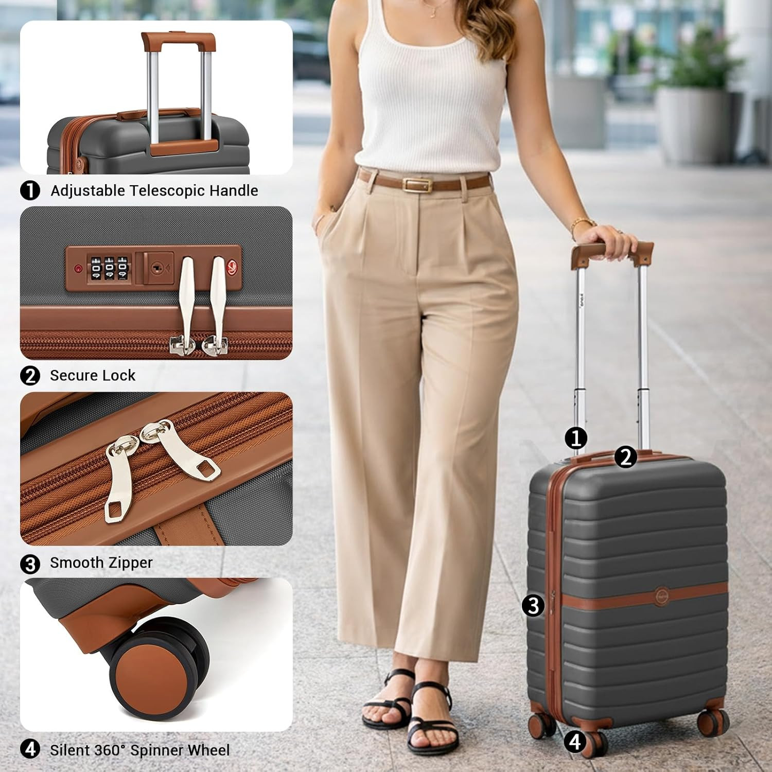 22″ Expandable Carry-On Luggage with Spinner Wheels & Lock – Grey/Brown