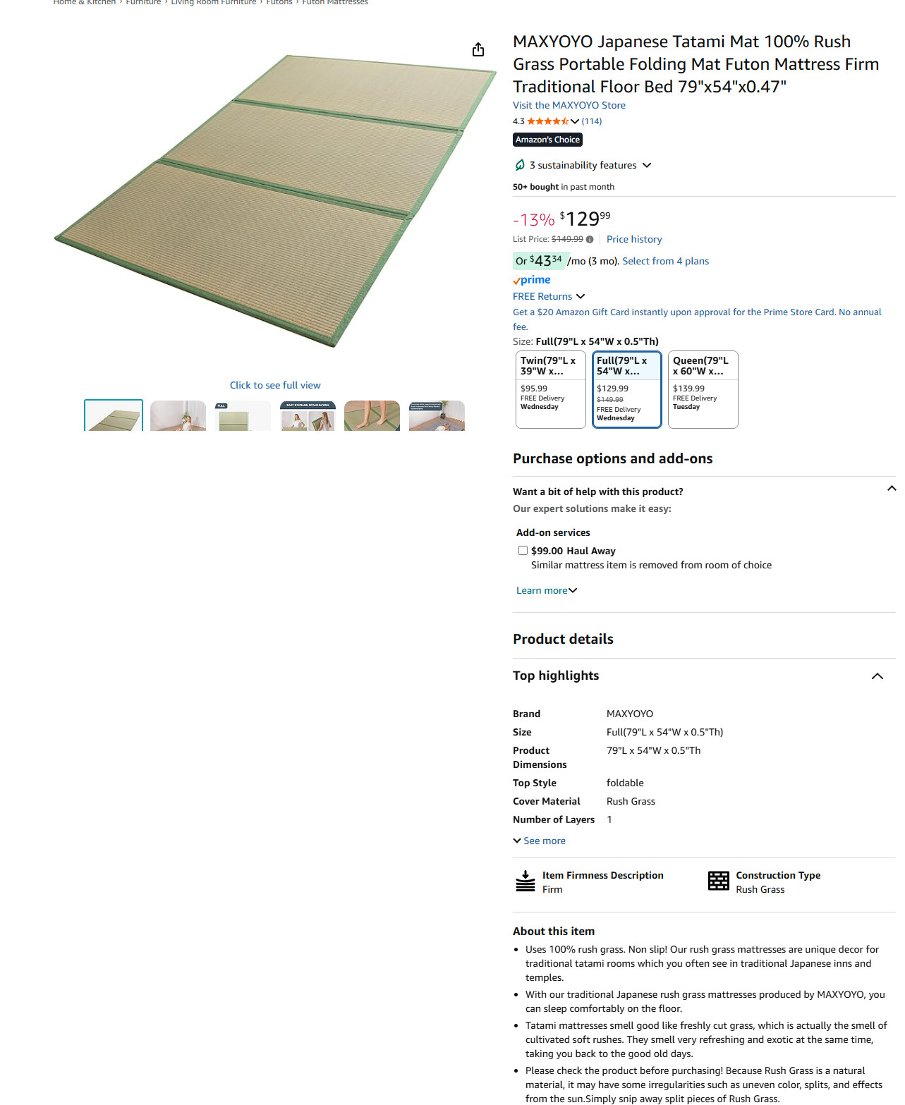 MAXYOYO Japanese Tatami Mat 100% Rush Grass Portable Folding Mat#1132QY1