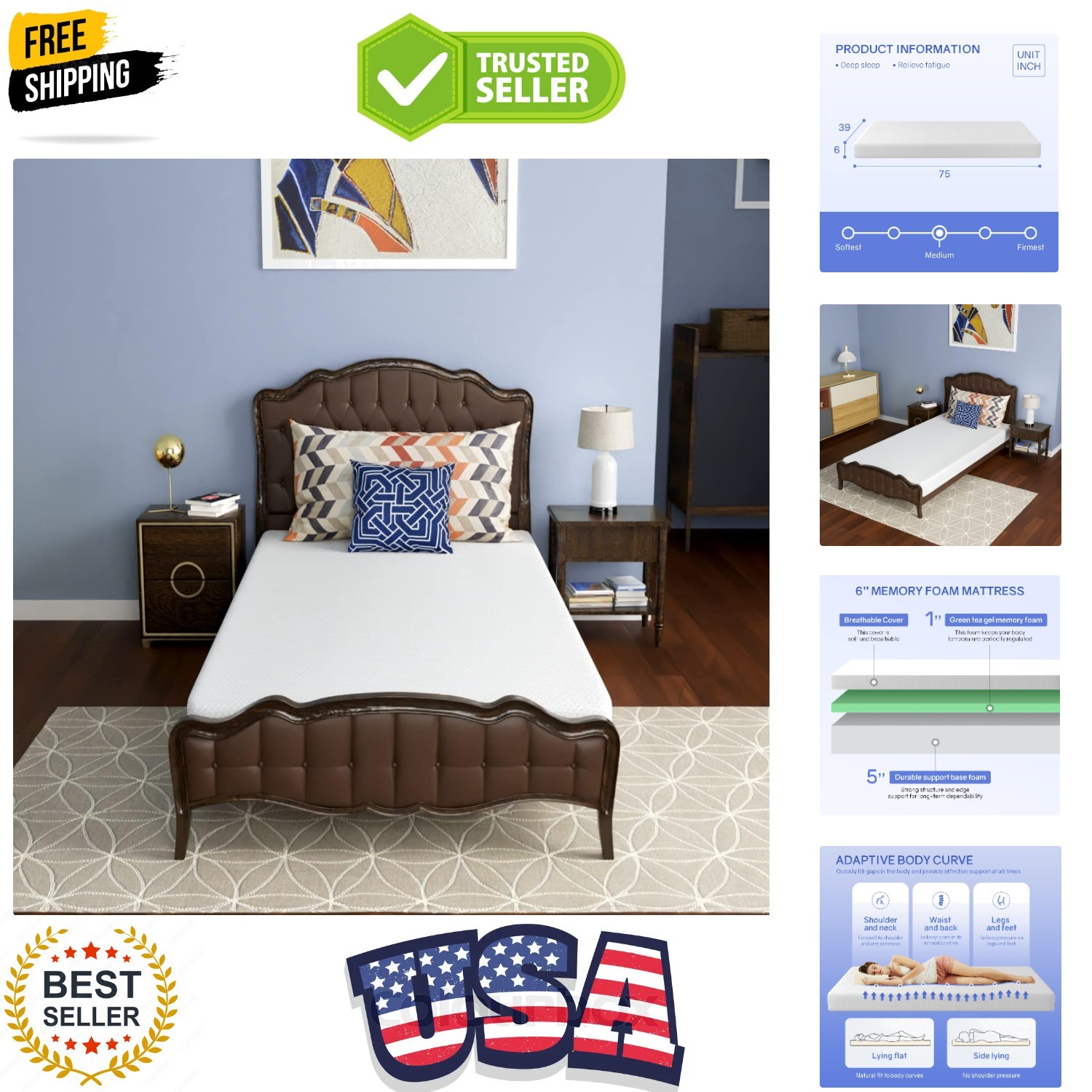 6 Inch Twin Green Tea Cooling Gel Memory Foam Mattress Twin Size in a Box,Med…