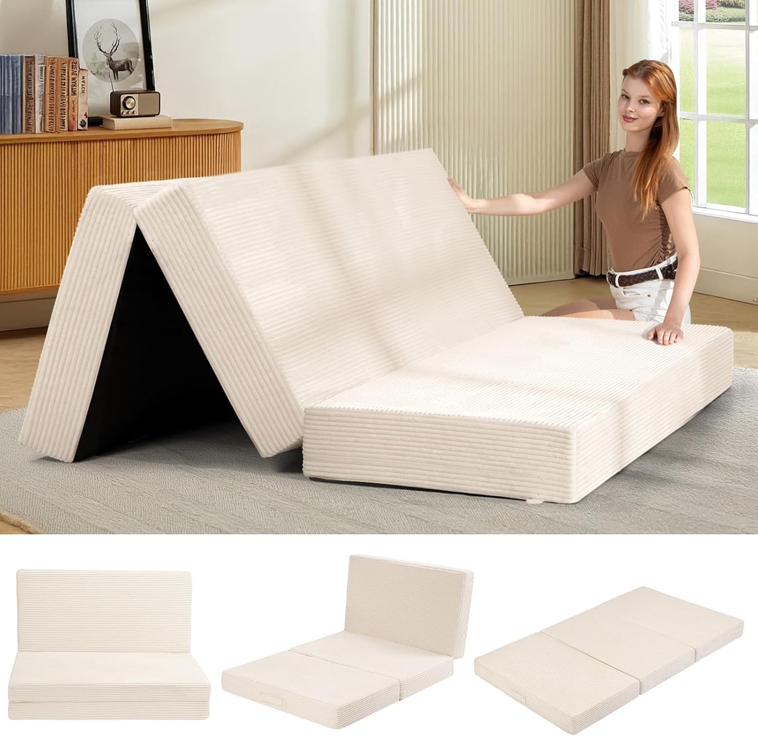 6-Inch Tri-Fold Mattress Queen Size Foldable Futon Sofa Bed W/ Removable