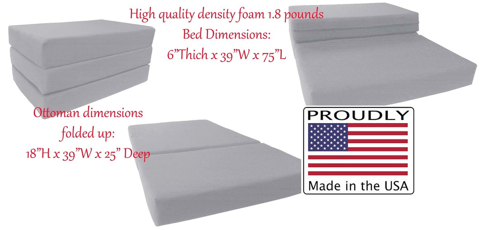 Queen Gray Trifold Foam Bed, Folding Mattress 6 x 60 x 80, 1.8 lbs Density
