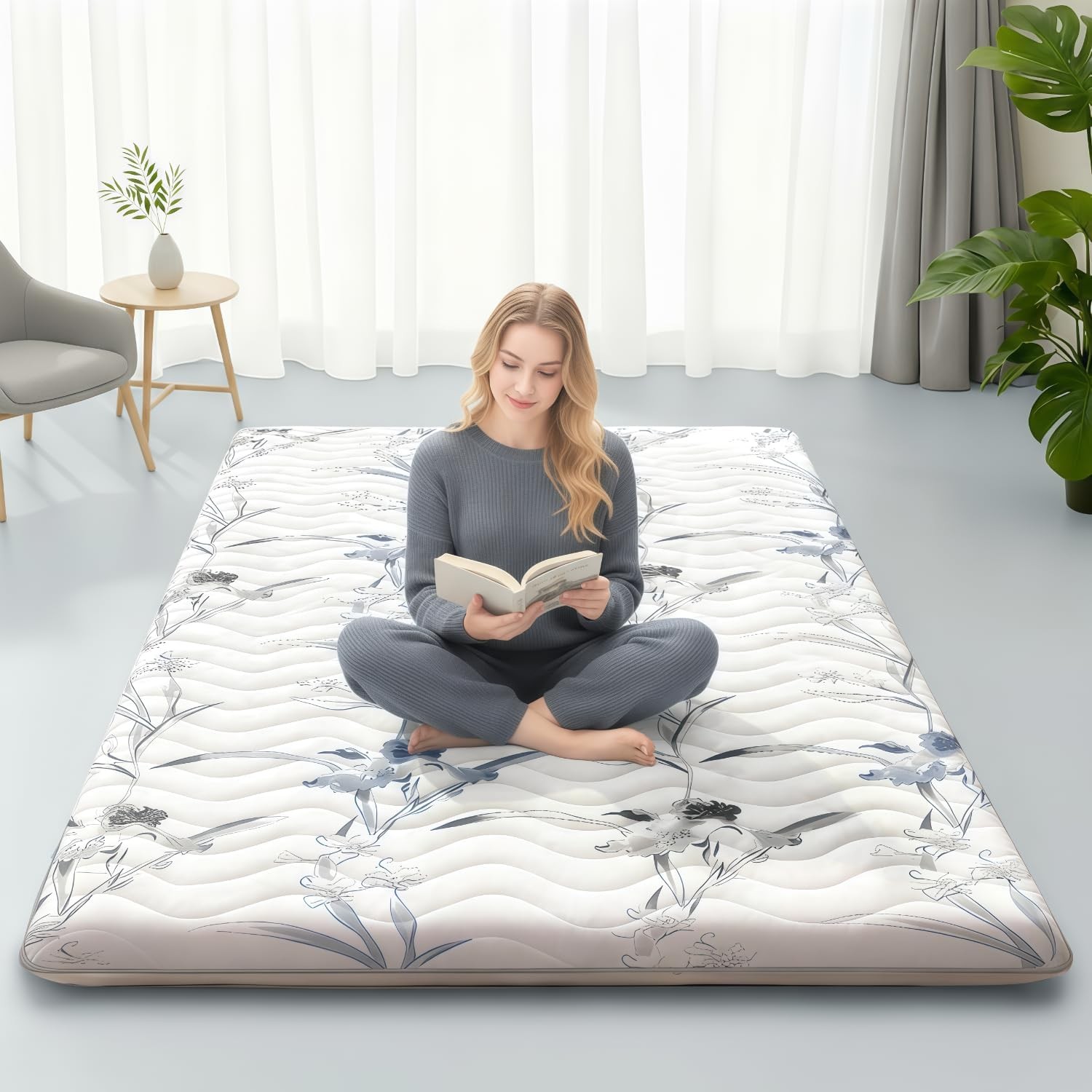 Japanese Floor Mattress, 3.5″ Thicken Ink Wash Floral Pattern Portable Futon …